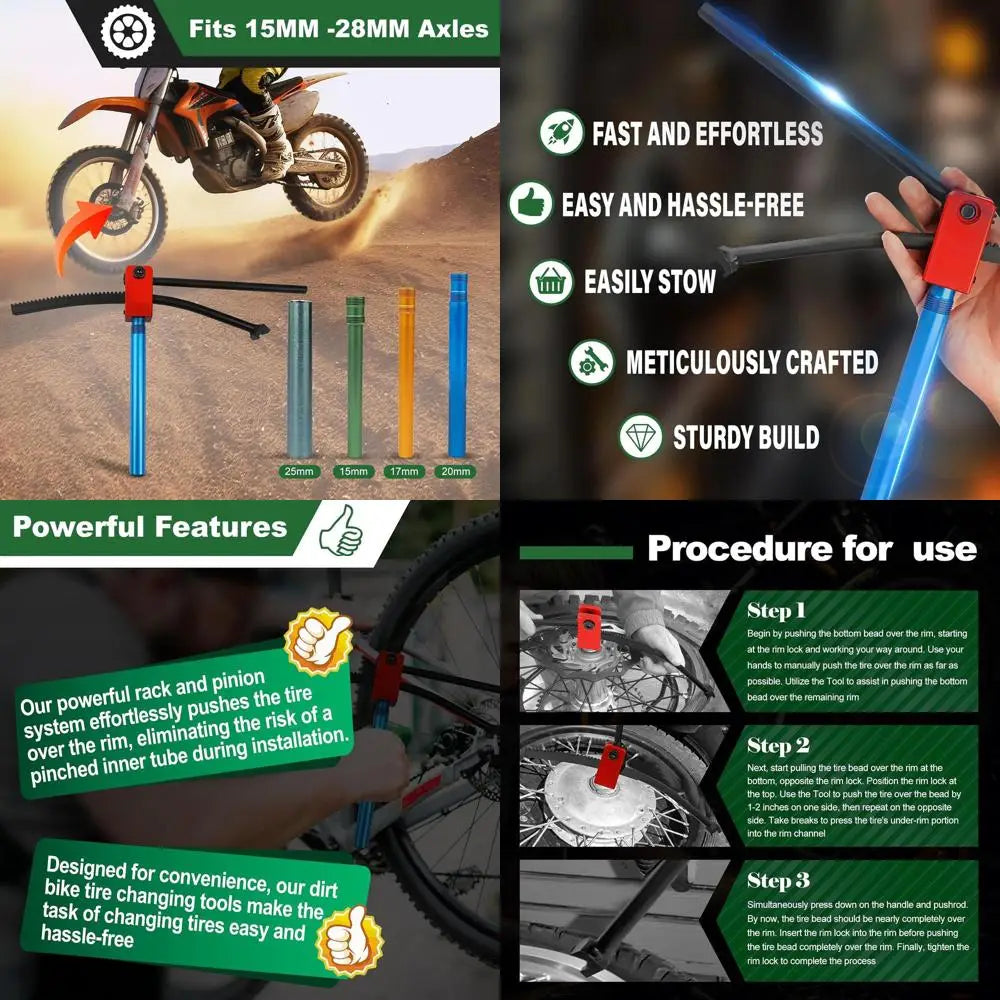 Dirt Bike Tire Changing Tools fit for Enduro, Motocross, Dirt Bikes 16" to 21" Wheels, with 15/17/20/25 mm Axle Shaft