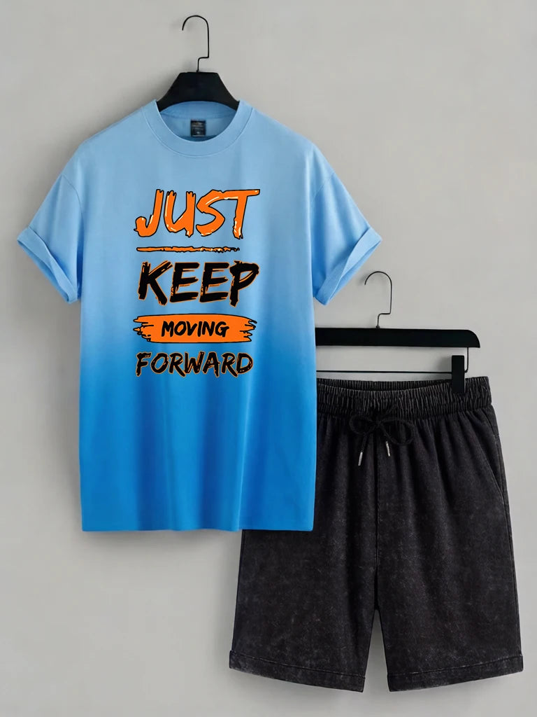 Just Keep Moving Forward Print Tie-Dye T Shirt Male Cotton Fashion Washed Shorts Casual Sport Clothing Set Loose Short Sleeve
