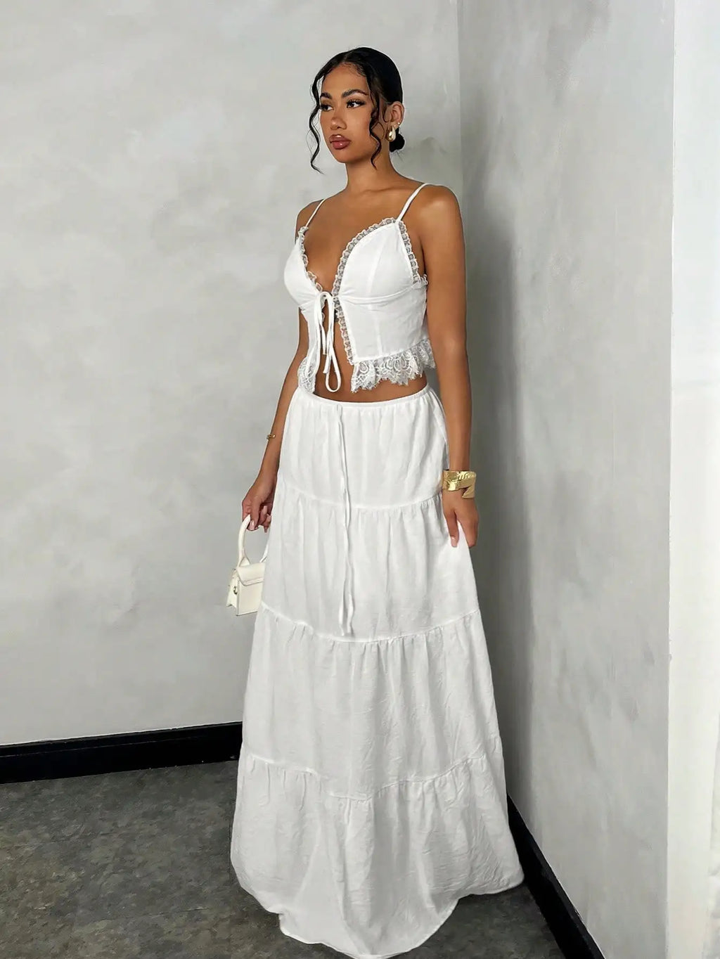 Women's White Lace Trim Cami Top & Tiered Maxi Skirt Set, Cotton, Boho Chic Summer Outfit