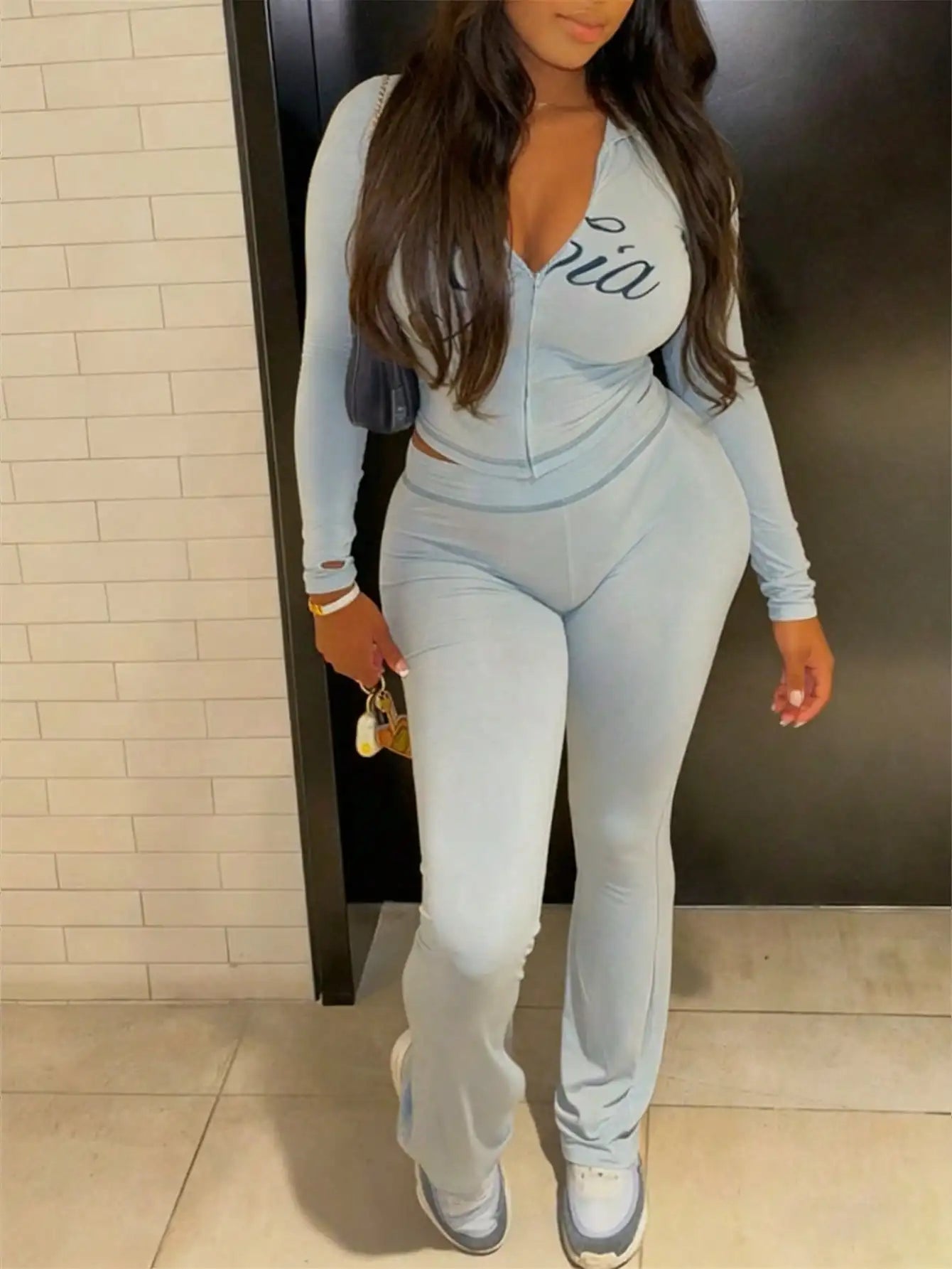Women's Street Style Zip-Up Long Sleeve Matching Set with Print, High Waist Pants, Casual & Sexy Fit
