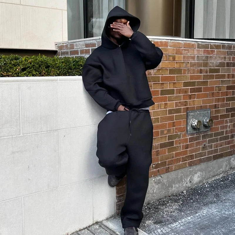 Fashion New Loose Hoodies Sweatshirt Wide Leg Sweatpants Men's Casual Solid Hooded Pullover Straight Pants 2 Piece Set Tracksuit