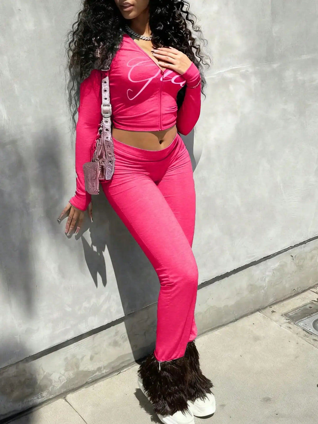 Women's Street Style Zip-Up Long Sleeve Matching Set with Print, High Waist Pants, Casual & Sexy Fit