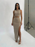Women's Summer Solid Color Crop Top & High Waist Slit Maxi Skirt 2 Piece Set