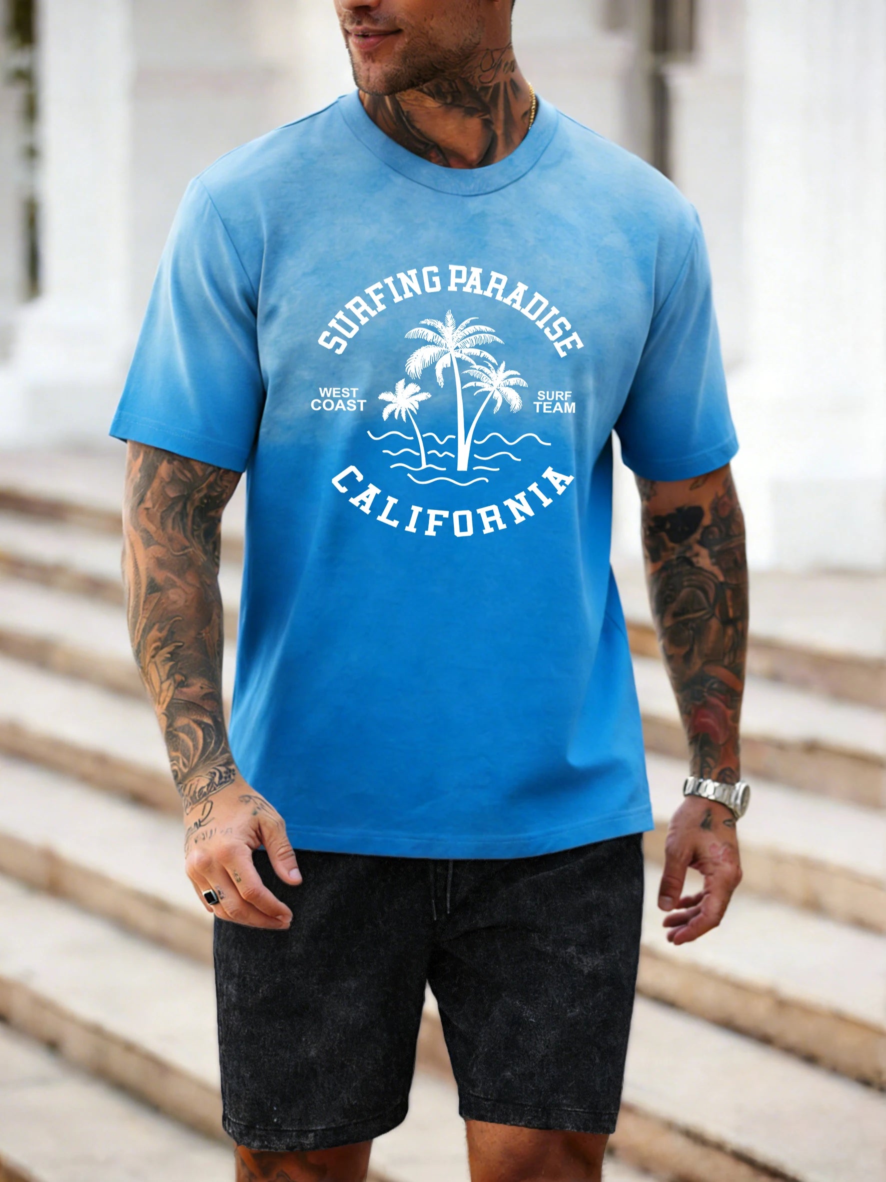 Surfing Paradise California Prints Mans T-Shirts Cotton Summer New Washed Short Pants Fashion Tie-Dye Shorts Set O-Neck Clothing