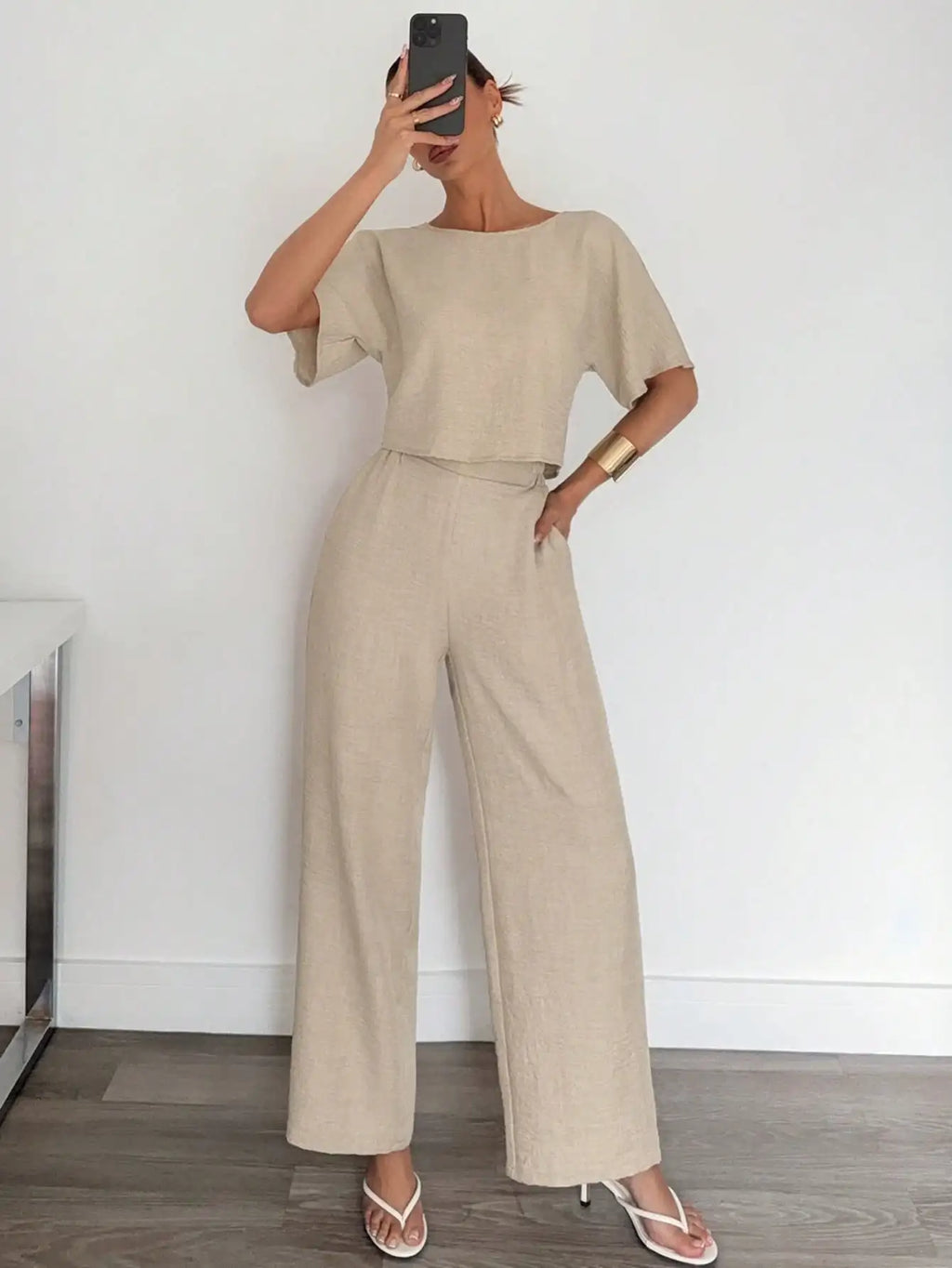 Beige 2-Piece Casual Set: Short Sleeve Top & Wide Leg Pants for Summer Work or Lounge