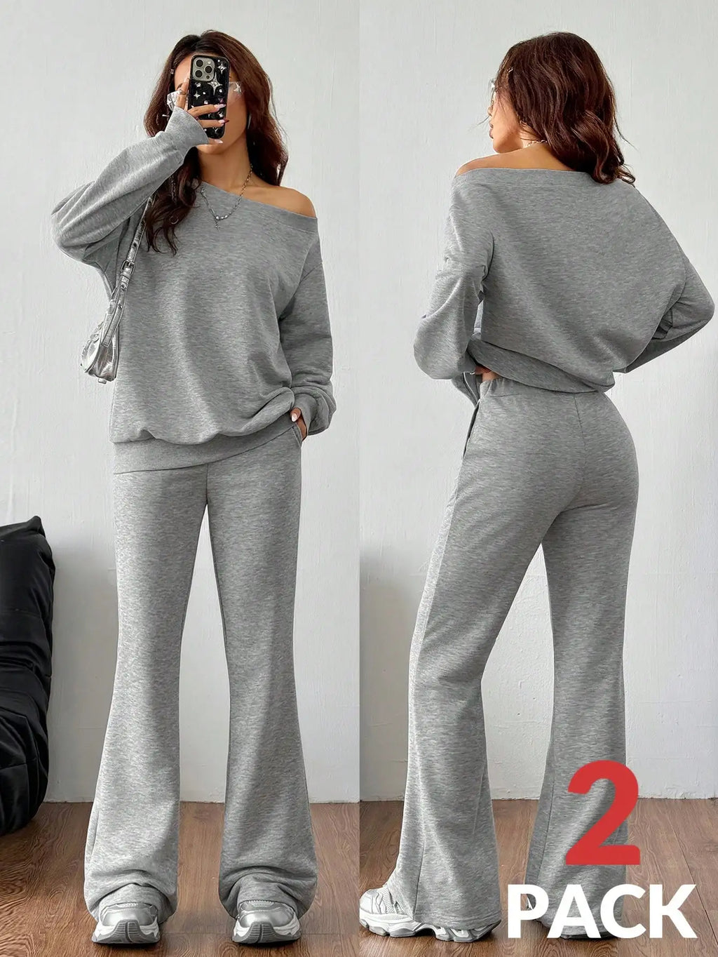 Women's Grey 2-Piece Off-Shoulder Sweatshirt & Flare Pants Set