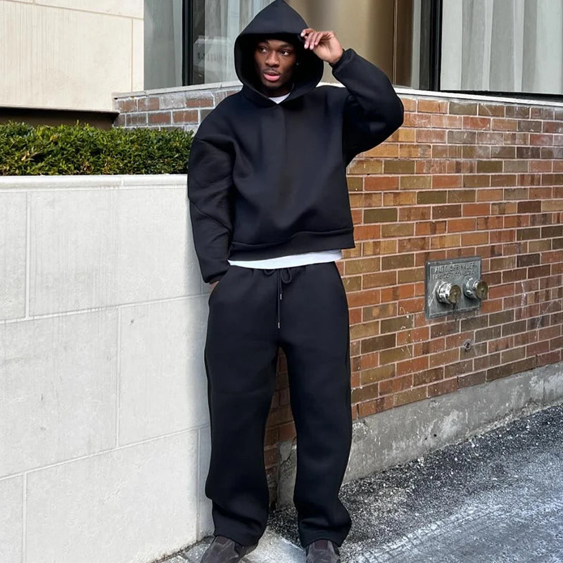 Fashion New Loose Hoodies Sweatshirt Wide Leg Sweatpants Men's Casual Solid Hooded Pullover Straight Pants 2 Piece Set Tracksuit