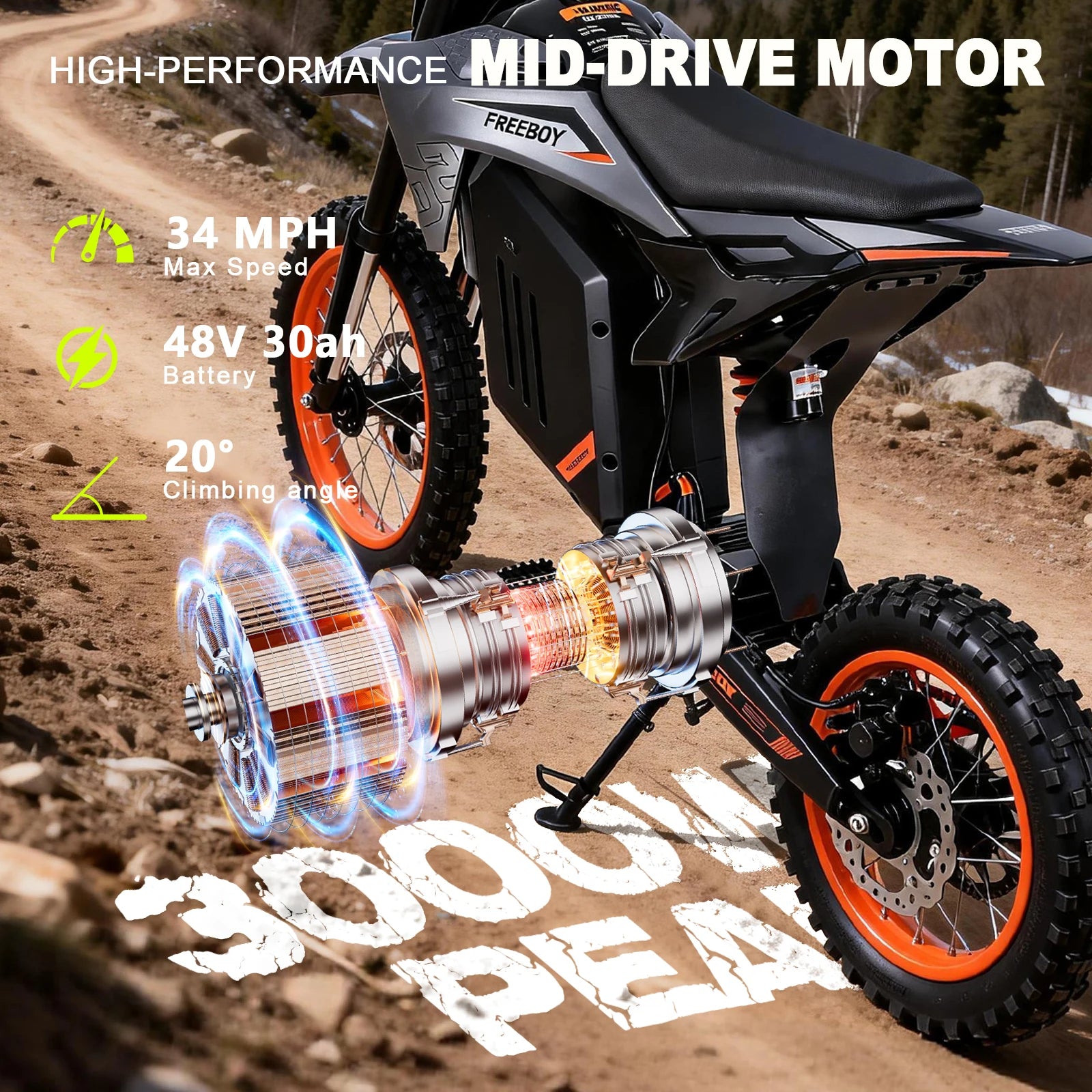 FREEBOY Y88 Electric Dirt Bike Teens Adults, 3000W Electric Bike, 34mph, 48V 30Ah Battery, Off Road Electric Motorcycle