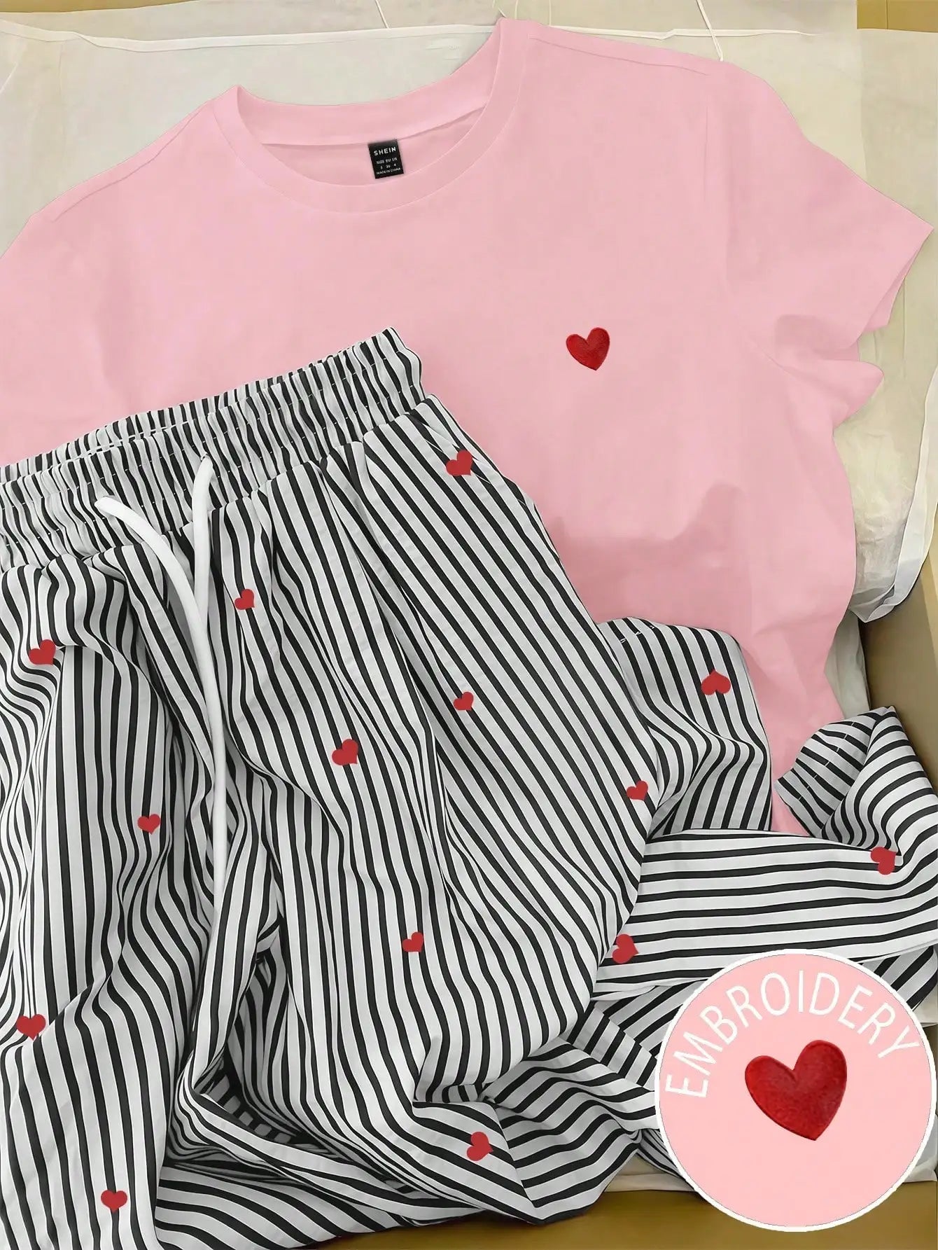 INAWLY Women's Heart Print Round Neck Short Sleeve T-Shirt And Drawstring Waist Striped Pants Casual Suit