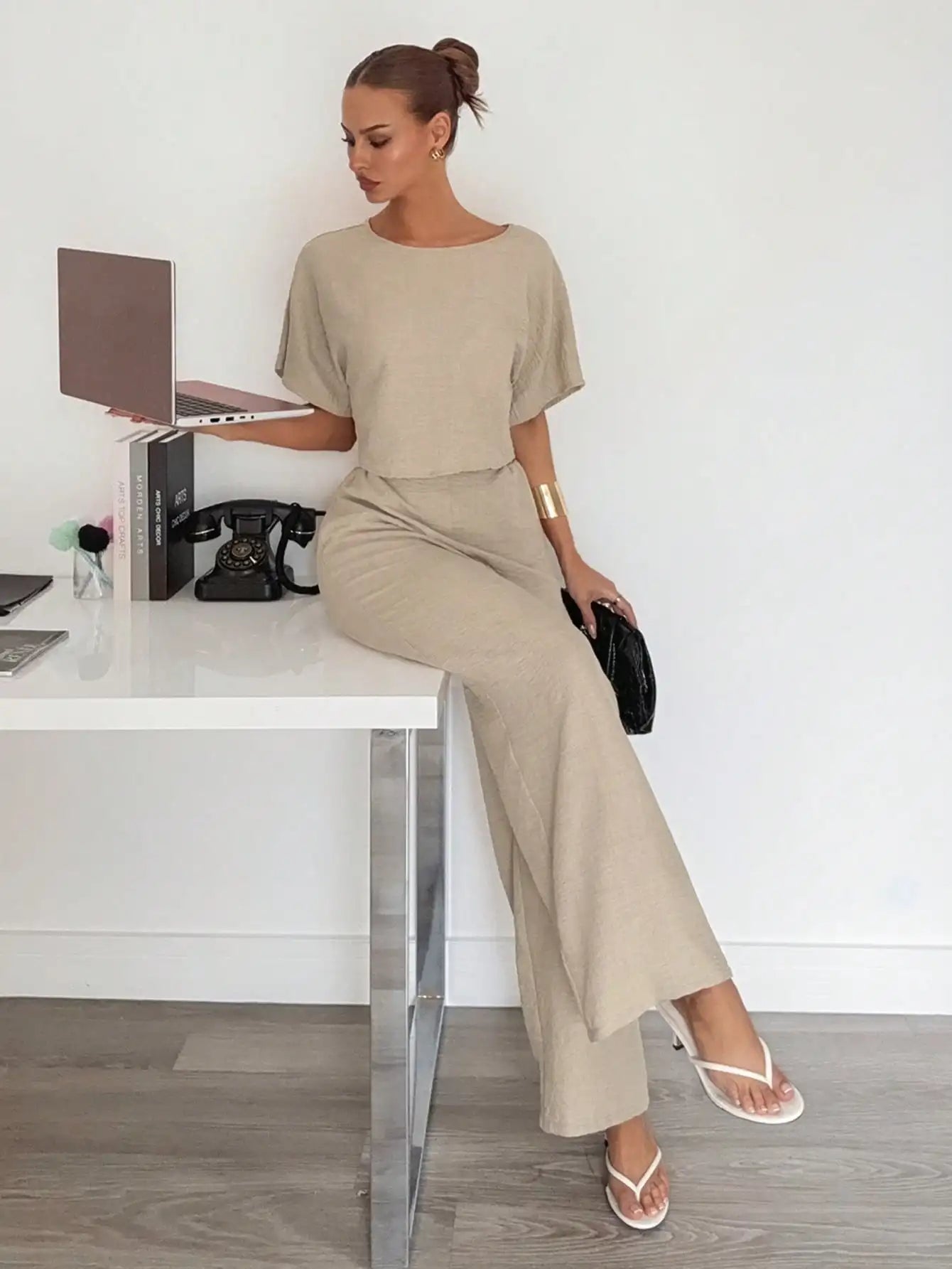 Beige 2-Piece Casual Set: Short Sleeve Top & Wide Leg Pants for Summer Work or Lounge