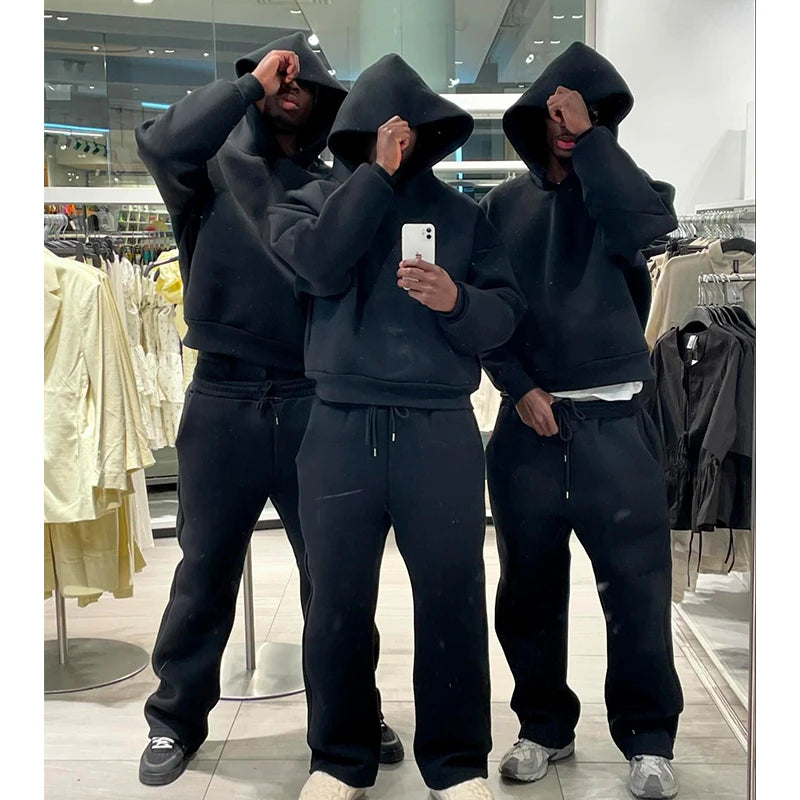Fashion New Loose Hoodies Sweatshirt Wide Leg Sweatpants Men's Casual Solid Hooded Pullover Straight Pants 2 Piece Set Tracksuit