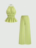 Sweetra Women's French Style Loose Solid Color Drawstring Halter Top And Relaxed Wide Leg Casual Chic 2-Piece Set