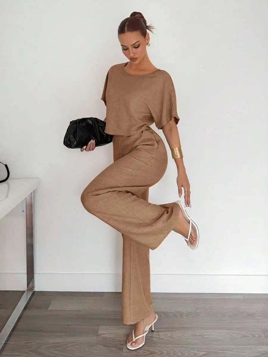 Beige 2-Piece Casual Set: Short Sleeve Top & Wide Leg Pants for Summer Work or Lounge