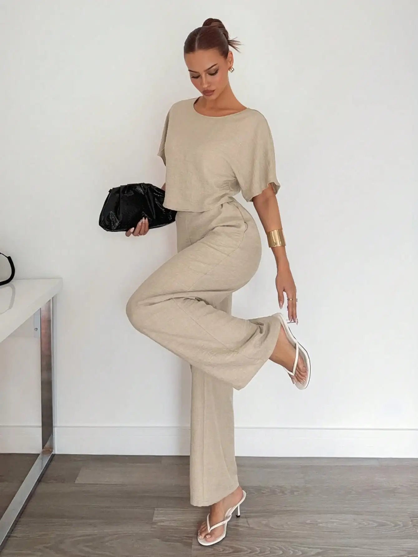 Beige 2-Piece Casual Set: Short Sleeve Top & Wide Leg Pants for Summer Work or Lounge