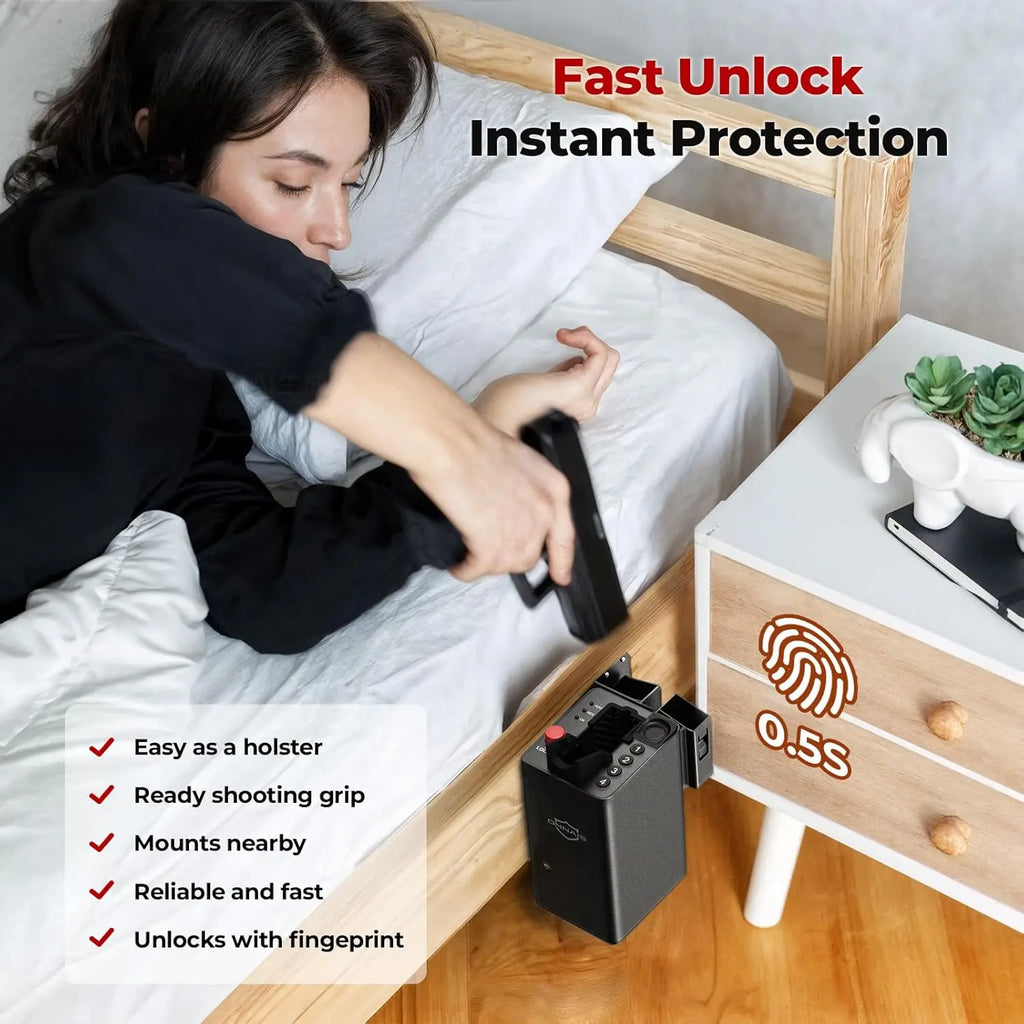 Biometric Pistol Safe with Fingerprint Lock for Quick Access in Car or Bedside, Secure Handgun Storage for Men