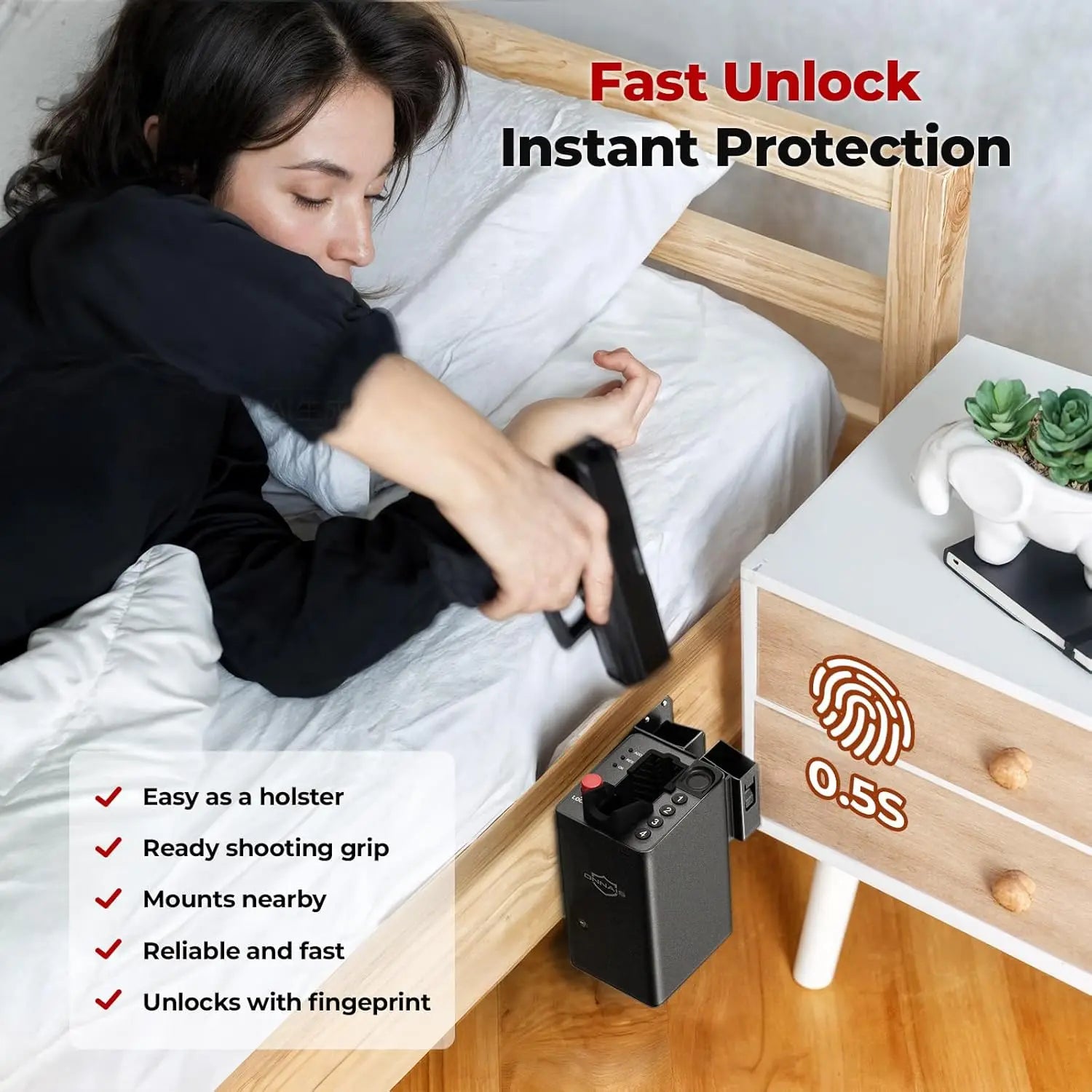 Biometric Pistol Safe with Fingerprint Lock for Quick Access in Car or Bedside, Secure Handgun Storage for Men
