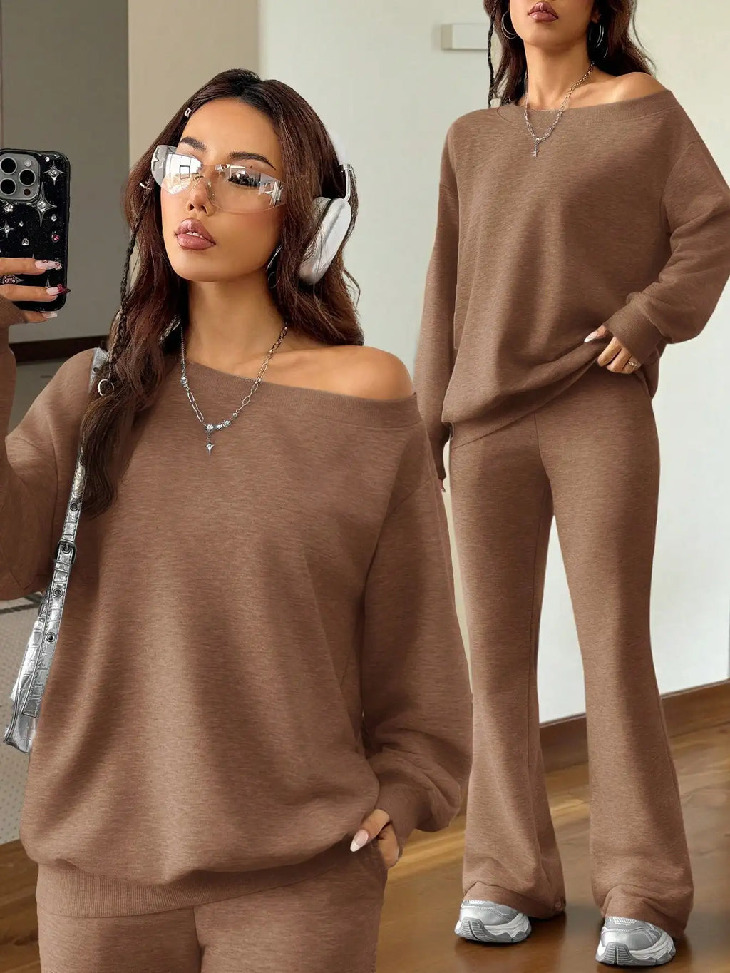 Women's Grey 2-Piece Off-Shoulder Sweatshirt & Flare Pants Set