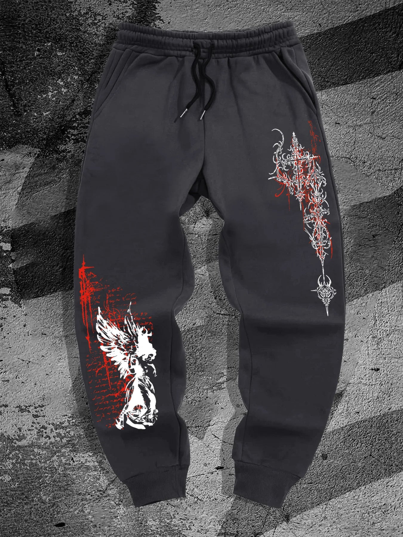 Gothic Angel Print Fashion Harajuku Versatile Solid Color Daily Outdoor Running Fitness Breathable Comfortable Men Sports Pants