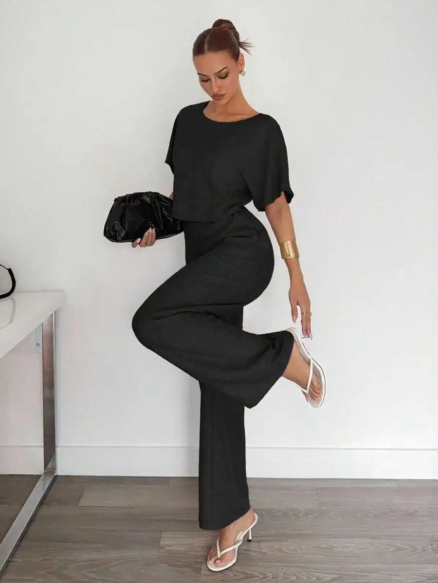 Beige 2-Piece Casual Set: Short Sleeve Top & Wide Leg Pants for Summer Work or Lounge