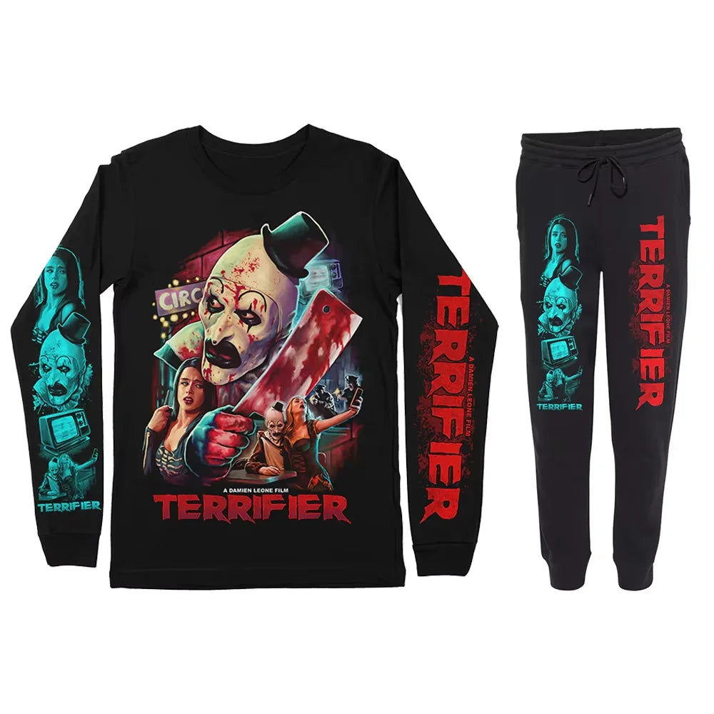 Terrifier Halloween Cosplay 3D Print Men's Sportswear Set Long-Sleeved T Shirt Pants 2-Piece Set Oversized Pullover Men Clothing