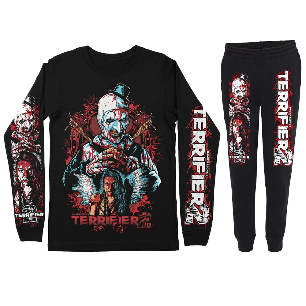 Terrifier Halloween Cosplay 3D Print Men's Sportswear Set Long-Sleeved T Shirt Pants 2-Piece Set Oversized Pullover Men Clothing