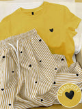 INAWLY Women's Heart Print Round Neck Short Sleeve T-Shirt And Drawstring Waist Striped Pants Casual Suit