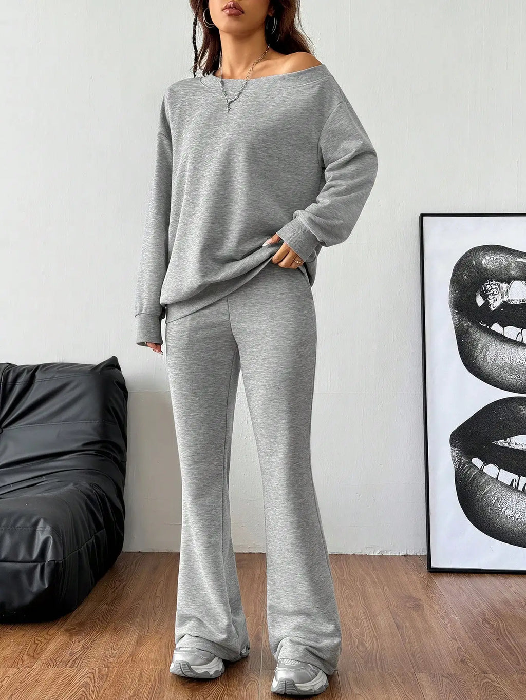 Women's Grey 2-Piece Off-Shoulder Sweatshirt & Flare Pants Set