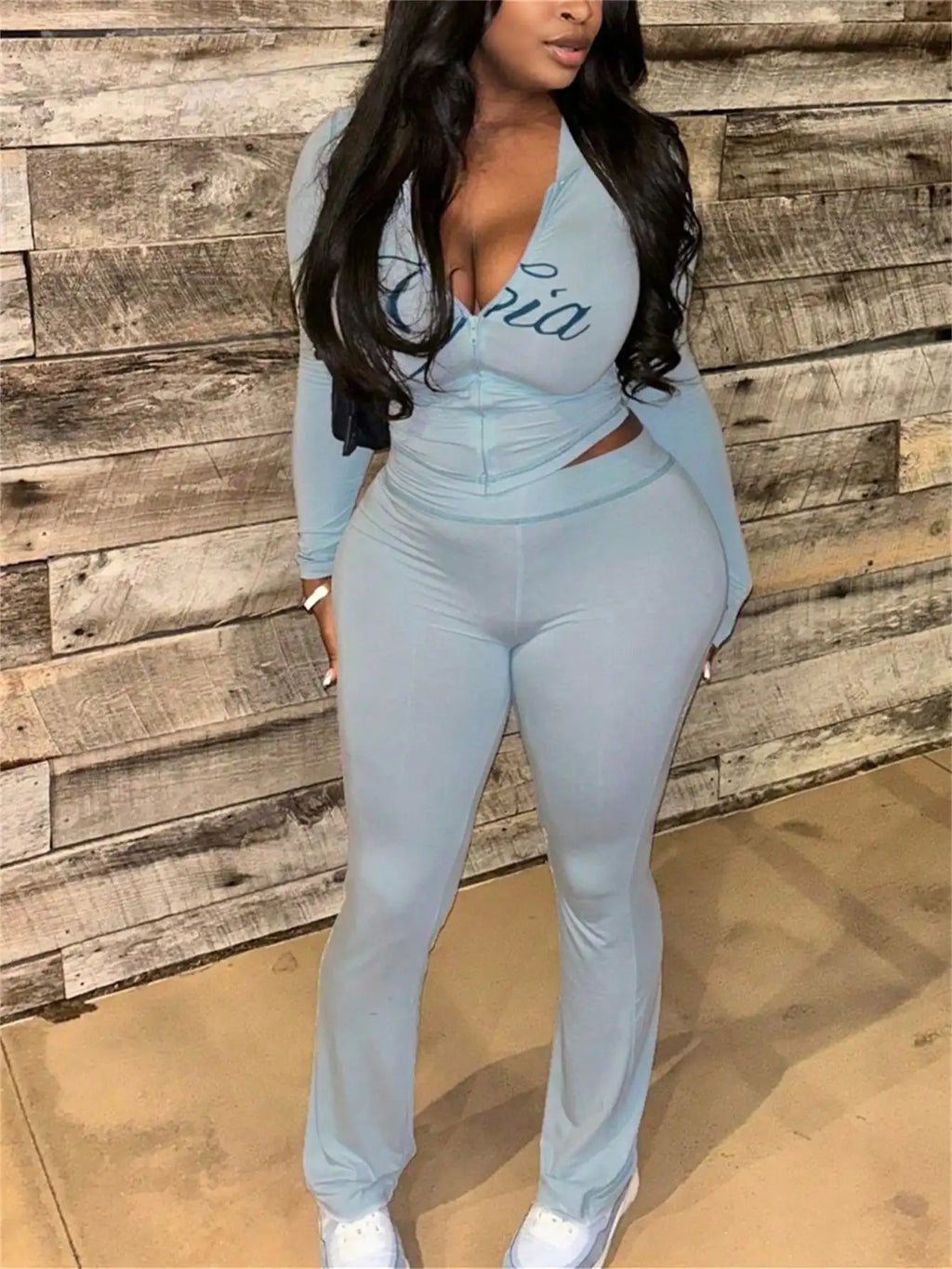 Women's Street Style Zip-Up Long Sleeve Matching Set with Print, High Waist Pants, Casual & Sexy Fit