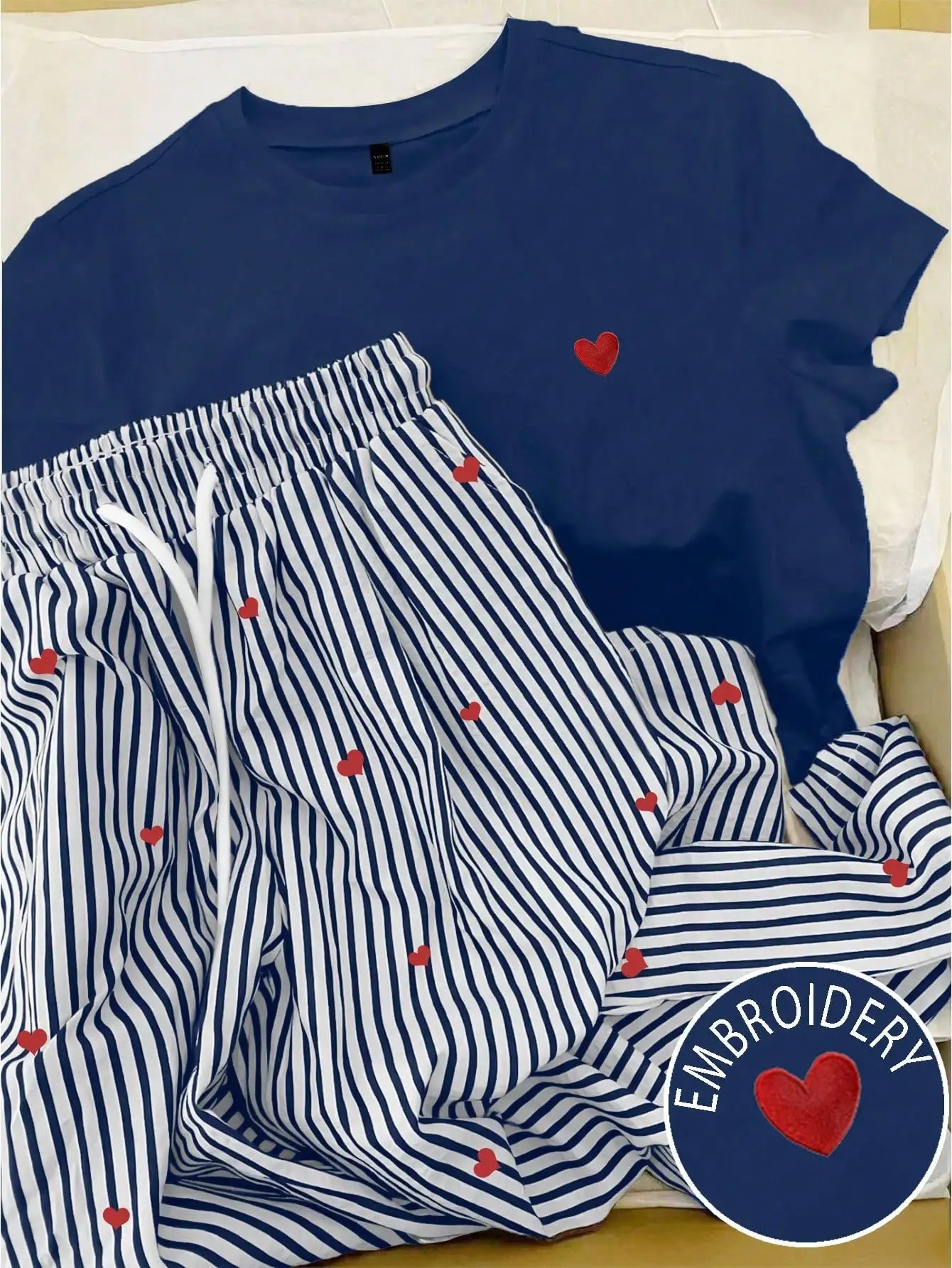 INAWLY Women's Heart Print Round Neck Short Sleeve T-Shirt And Drawstring Waist Striped Pants Casual Suit