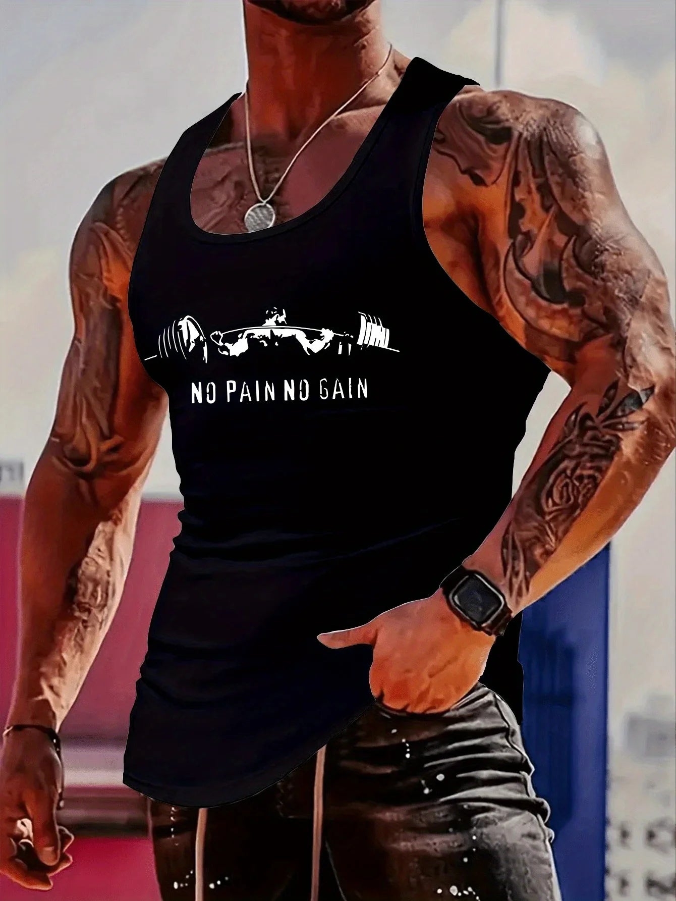 Fashionable trend muscular tough guy style - dumbbell fitness print sports tank top