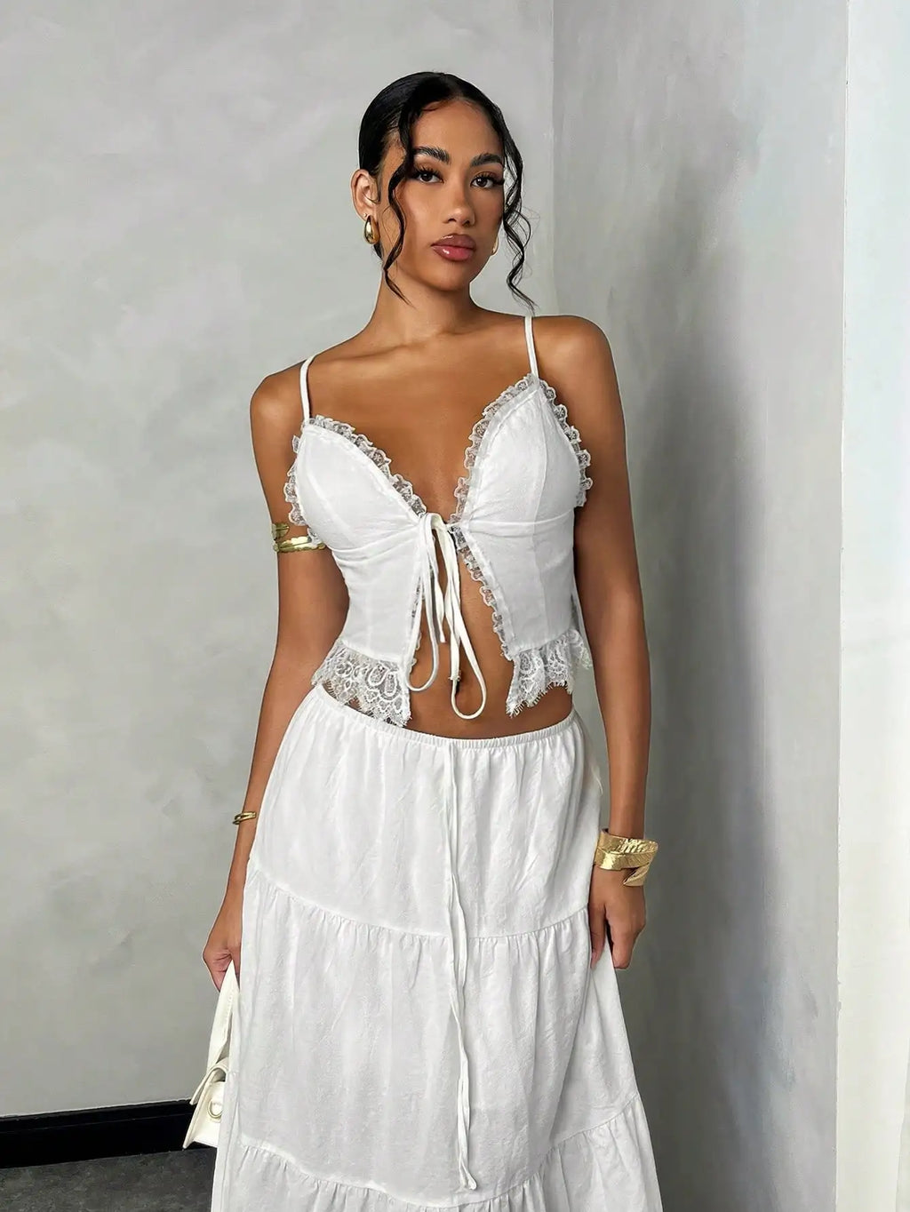 Women's White Lace Trim Cami Top & Tiered Maxi Skirt Set, Cotton, Boho Chic Summer Outfit