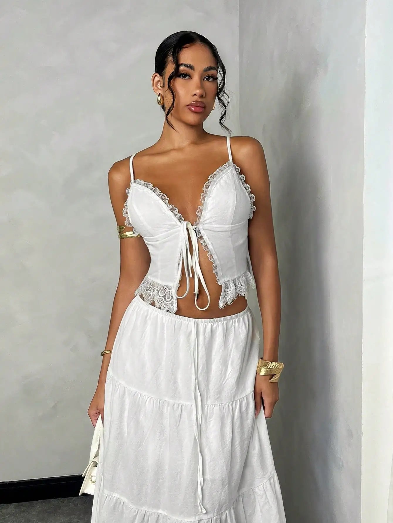 Women's White Lace Trim Cami Top & Tiered Maxi Skirt Set, Cotton, Boho Chic Summer Outfit