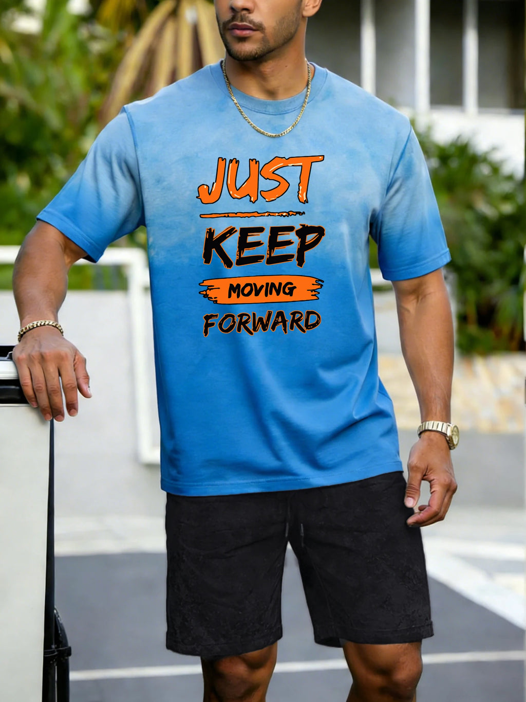 Just Keep Moving Forward Print Tie-Dye T Shirt Male Cotton Fashion Washed Shorts Casual Sport Clothing Set Loose Short Sleeve