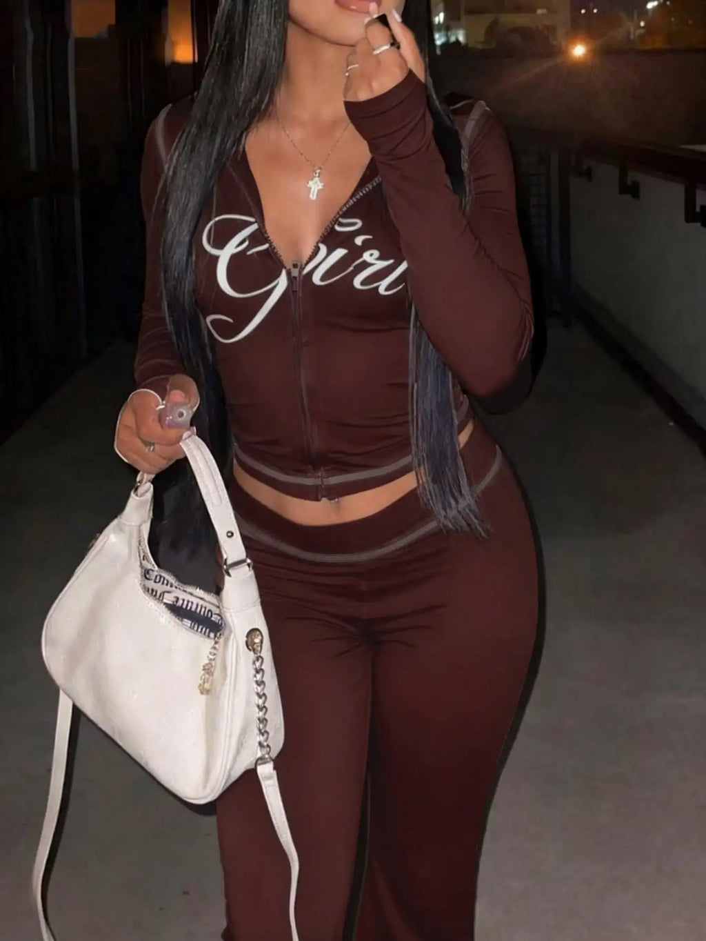 Women's Street Style Zip-Up Long Sleeve Matching Set with Print, High Waist Pants, Casual & Sexy Fit