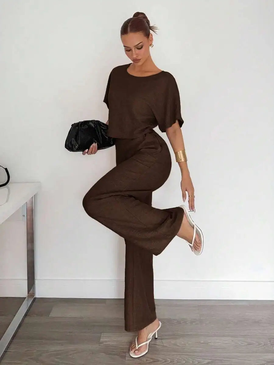 Beige 2-Piece Casual Set: Short Sleeve Top & Wide Leg Pants for Summer Work or Lounge