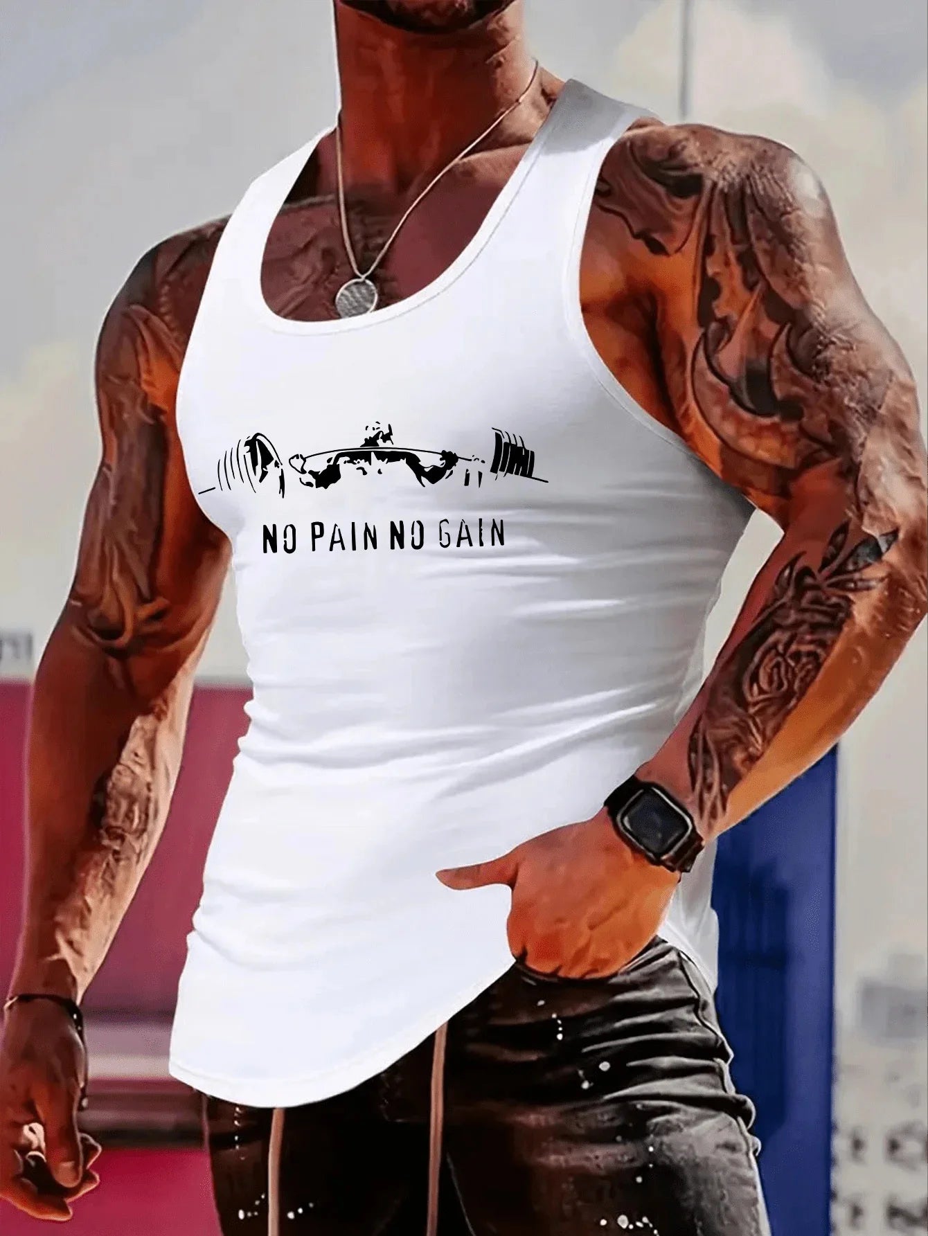 Fashionable trend muscular tough guy style - dumbbell fitness print sports tank top