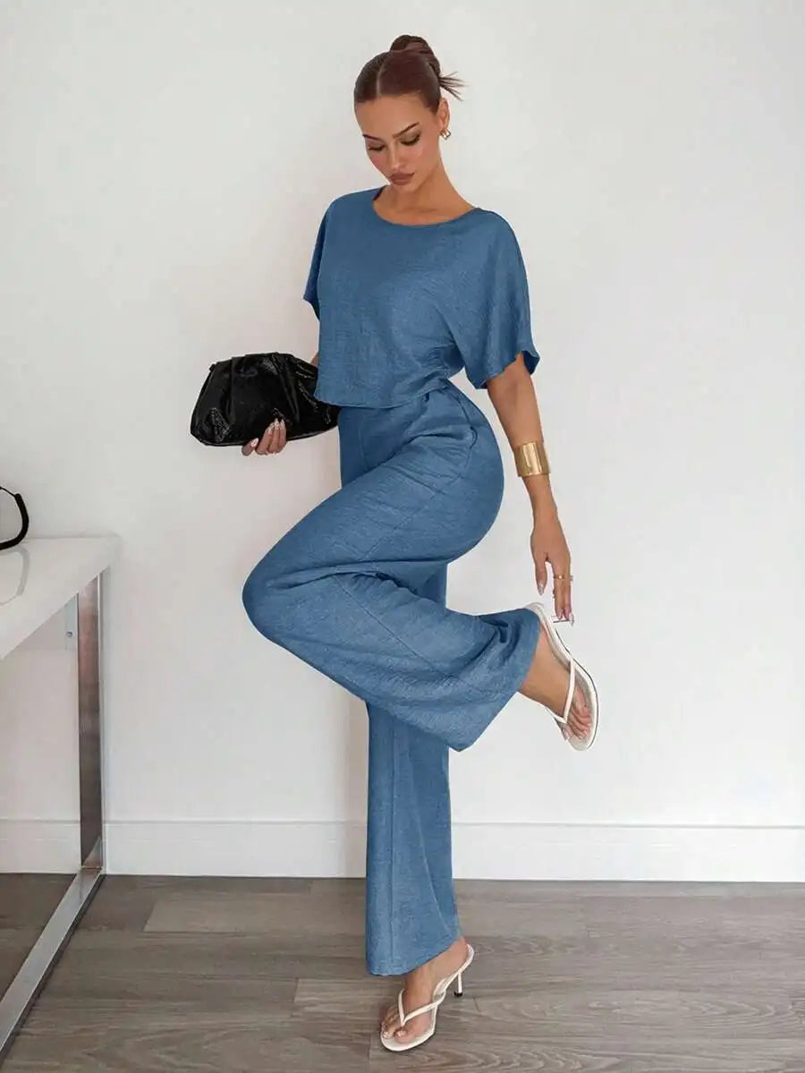 Beige 2-Piece Casual Set: Short Sleeve Top & Wide Leg Pants for Summer Work or Lounge