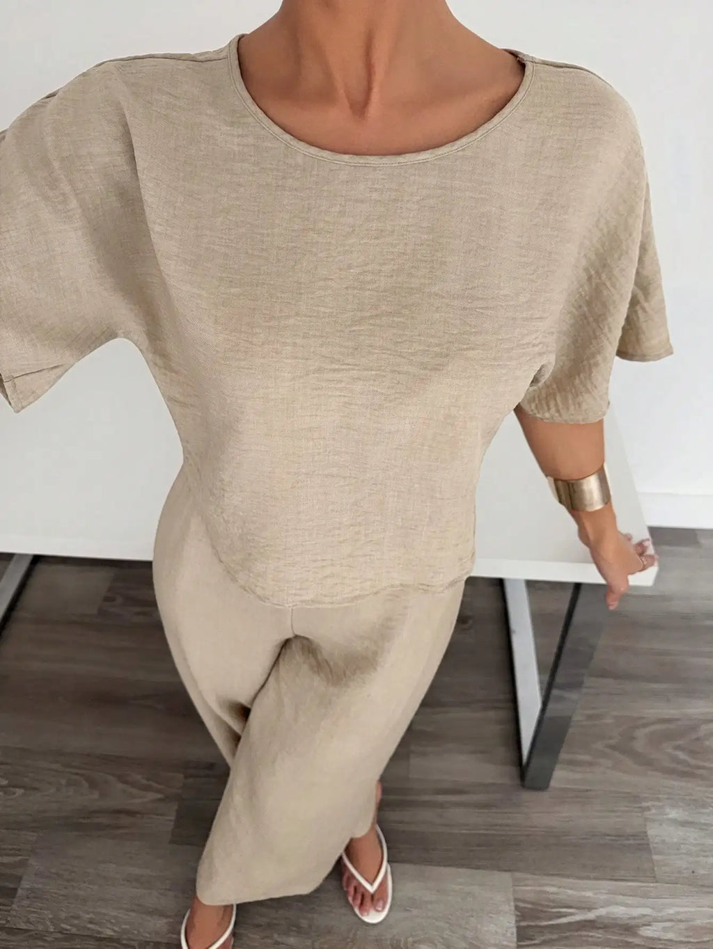 Beige 2-Piece Casual Set: Short Sleeve Top & Wide Leg Pants for Summer Work or Lounge