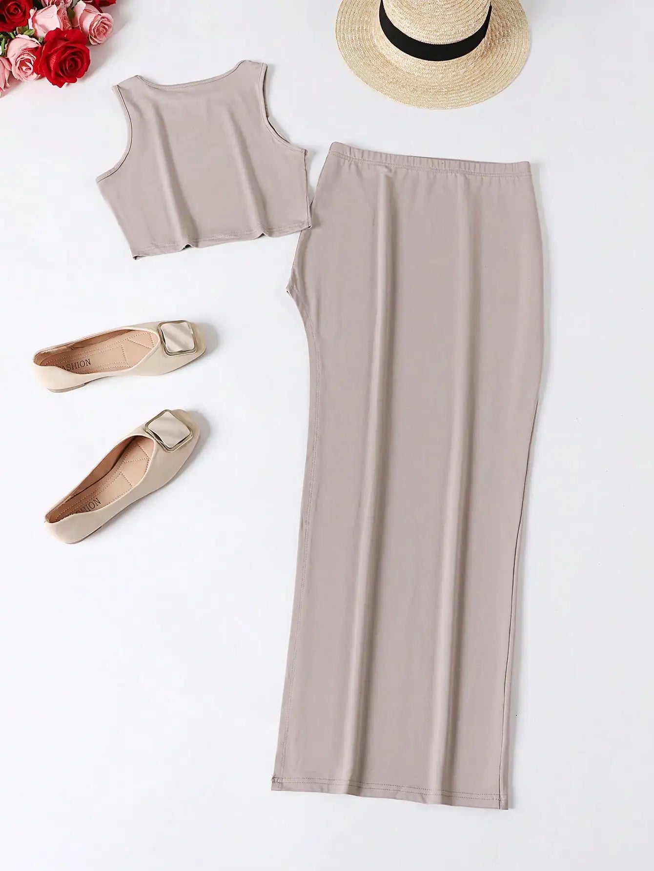 Women's Summer Solid Color Crop Top & High Waist Slit Maxi Skirt 2 Piece Set