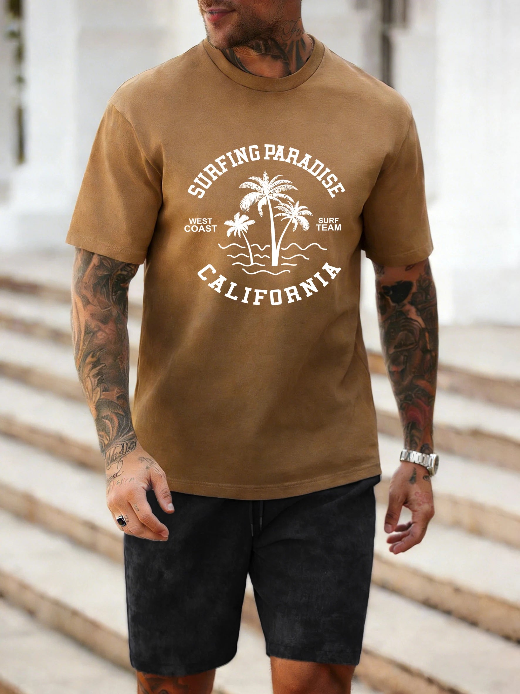 Surfing Paradise California Prints Mans T-Shirts Cotton Summer New Washed Short Pants Fashion Tie-Dye Shorts Set O-Neck Clothing