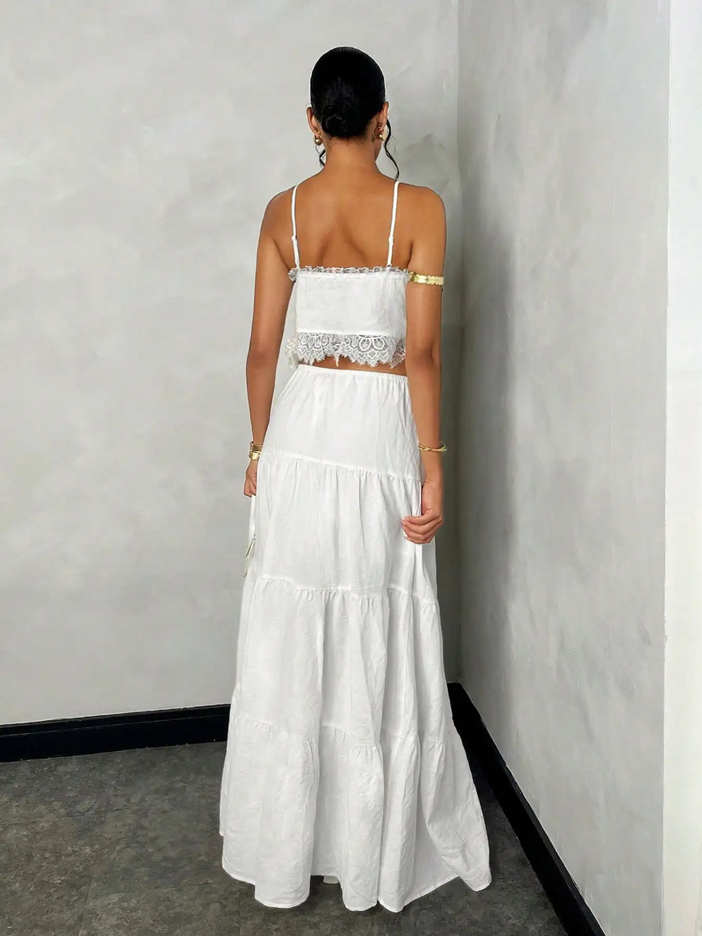 Women's White Lace Trim Cami Top & Tiered Maxi Skirt Set, Cotton, Boho Chic Summer Outfit