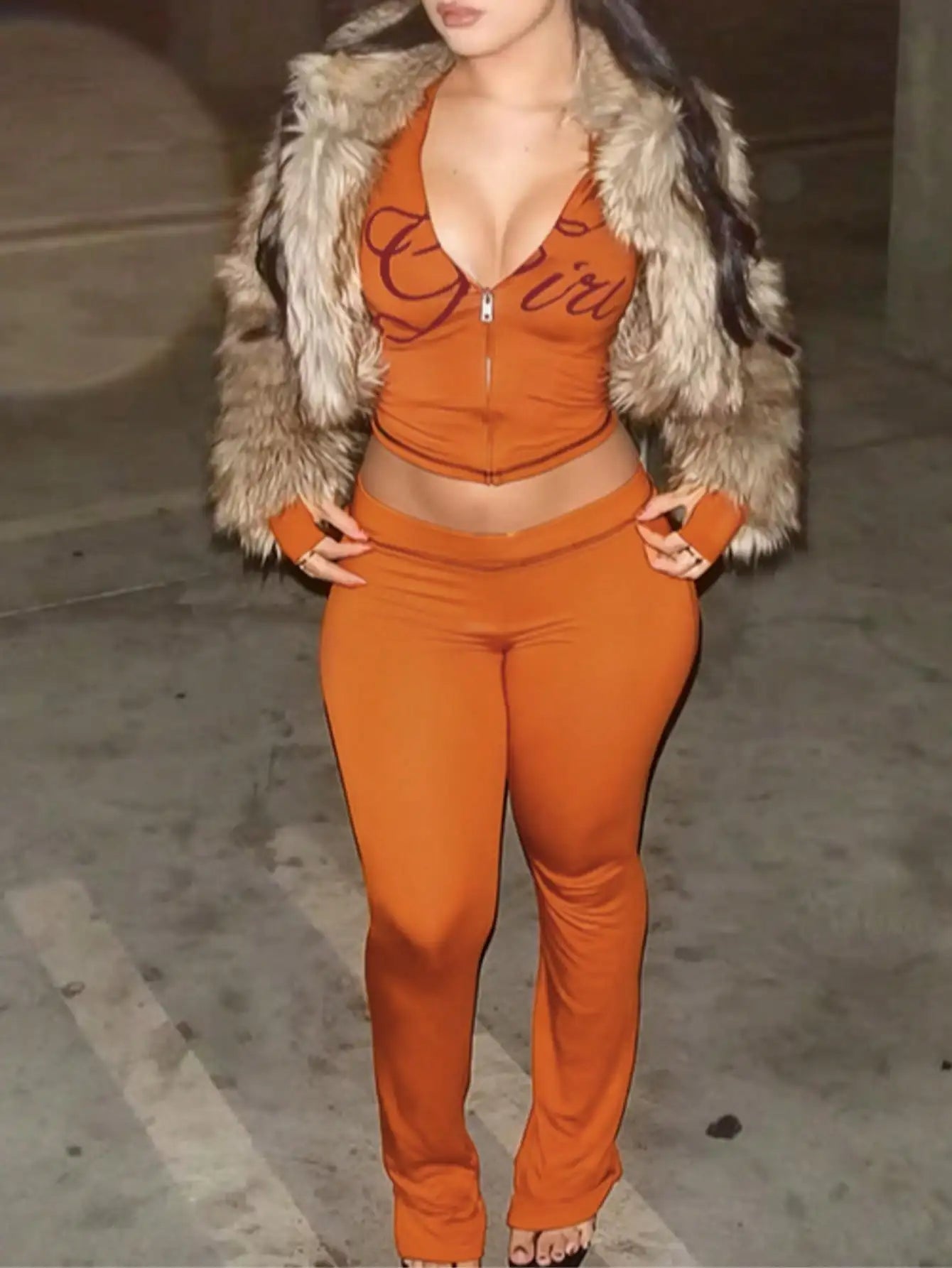 Women's Street Style Zip-Up Long Sleeve Matching Set with Print, High Waist Pants, Casual & Sexy Fit