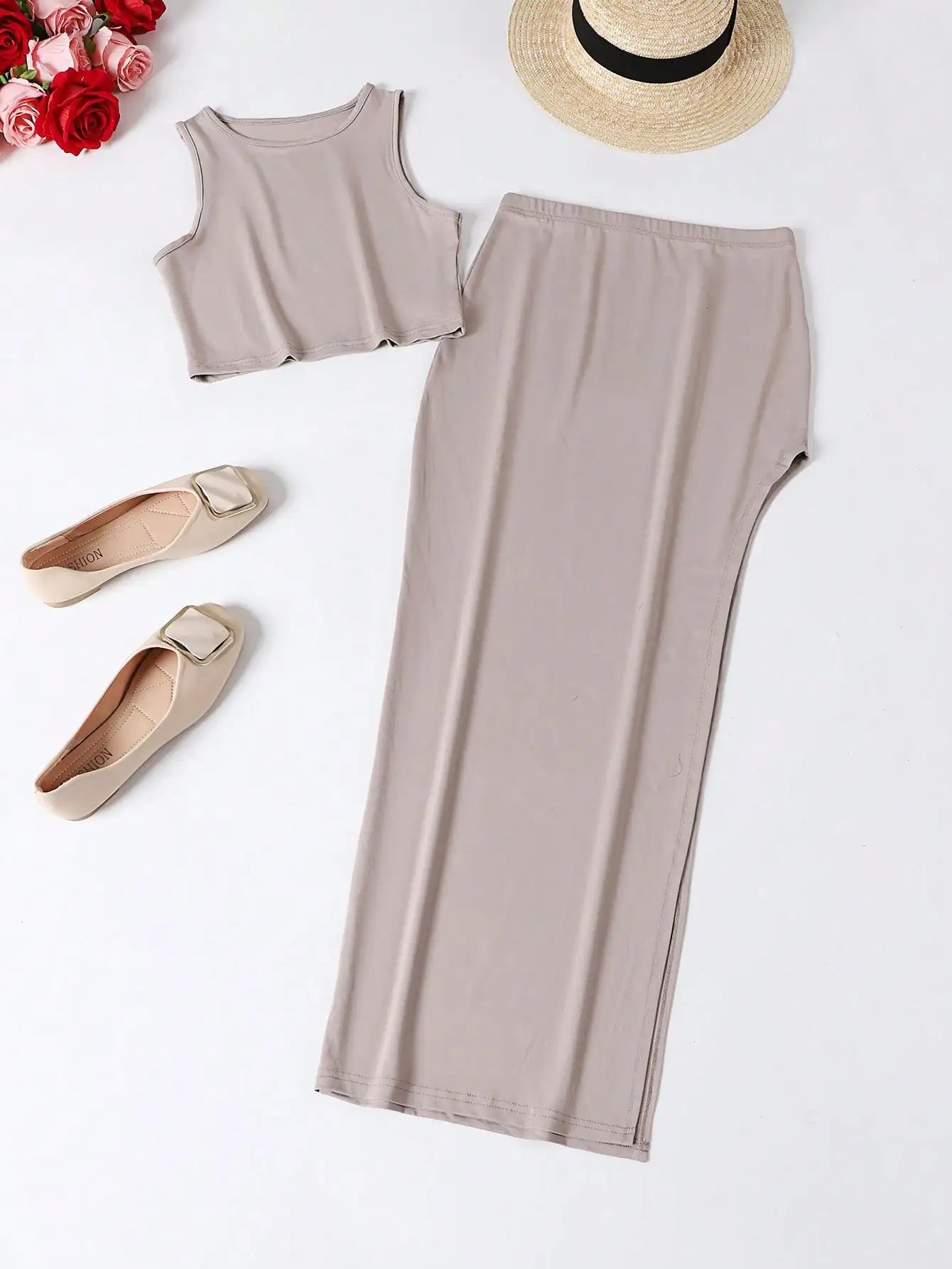 Women's Summer Solid Color Crop Top & High Waist Slit Maxi Skirt 2 Piece Set