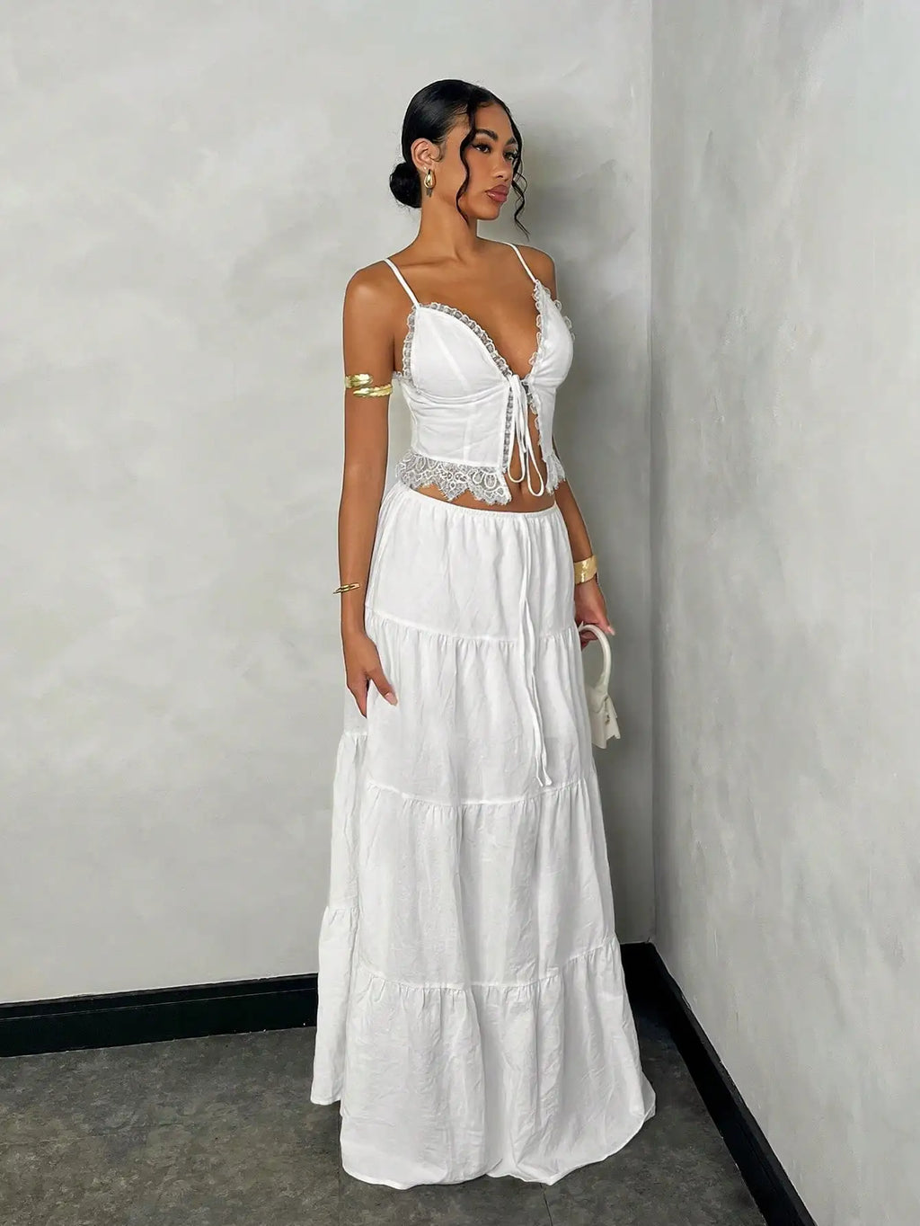 Women's White Lace Trim Cami Top & Tiered Maxi Skirt Set, Cotton, Boho Chic Summer Outfit