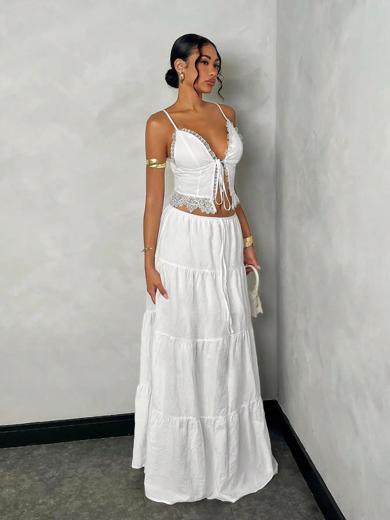 Women's White Lace Trim Cami Top & Tiered Maxi Skirt Set, Cotton, Boho Chic Summer Outfit