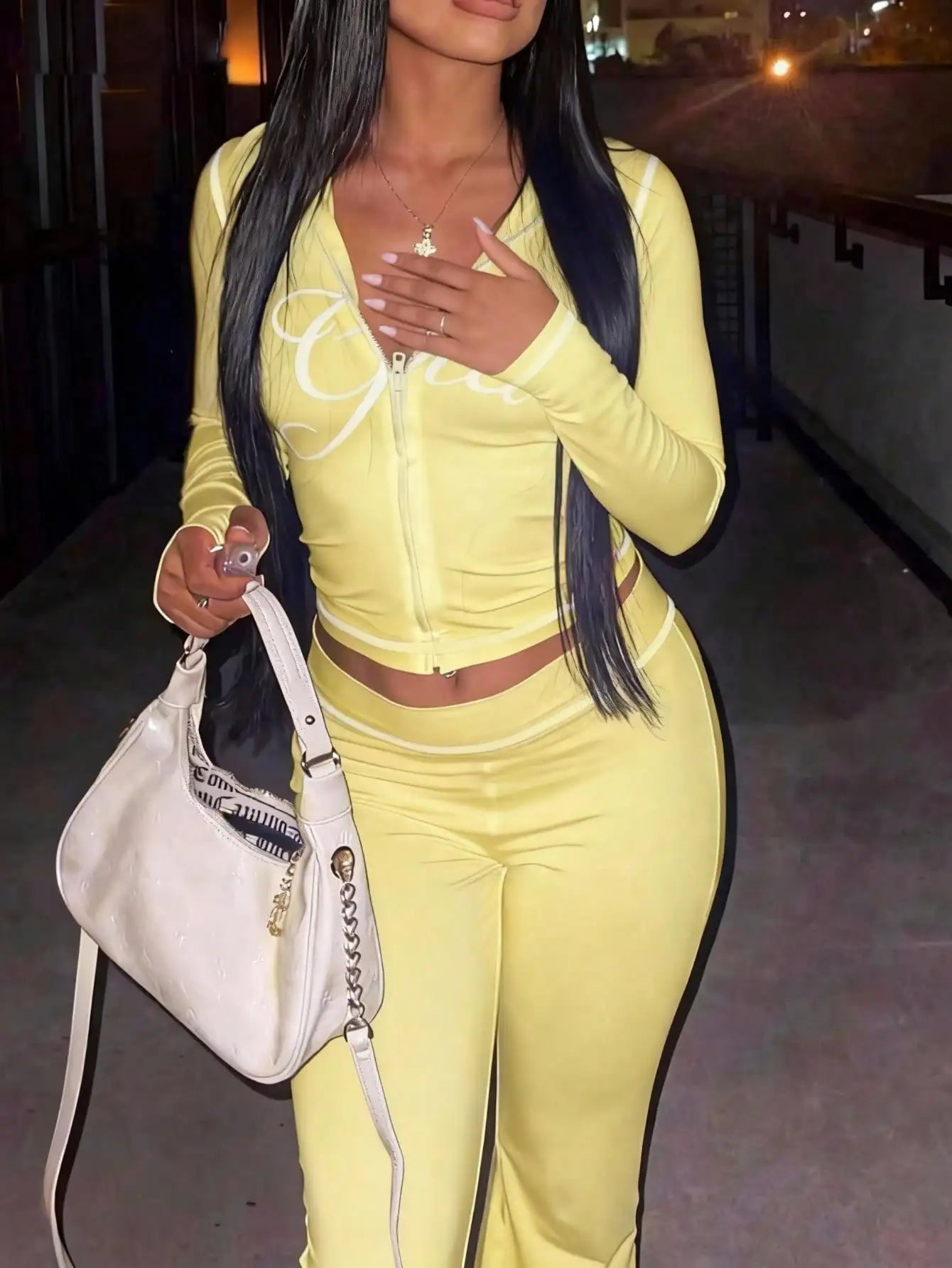Women's Street Style Zip-Up Long Sleeve Matching Set with Print, High Waist Pants, Casual & Sexy Fit