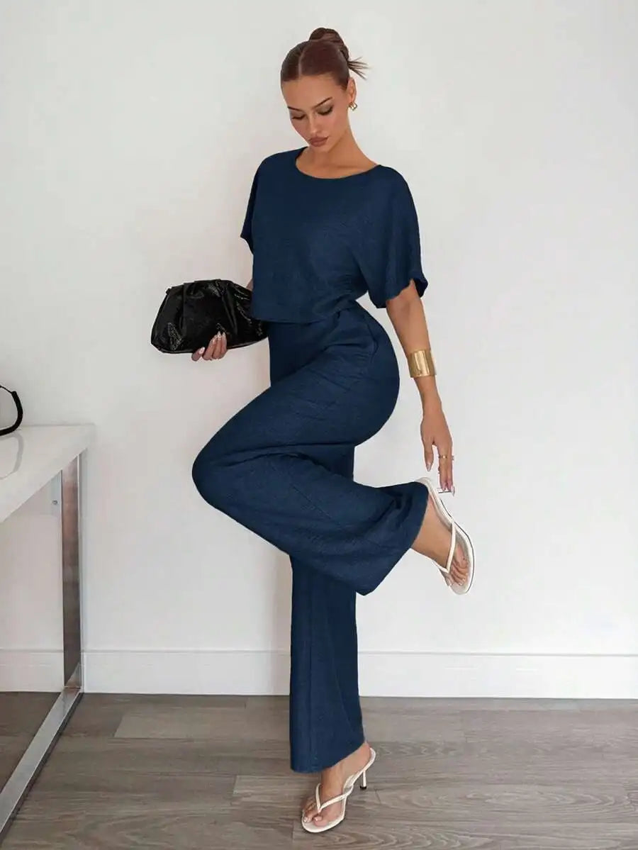 Beige 2-Piece Casual Set: Short Sleeve Top & Wide Leg Pants for Summer Work or Lounge