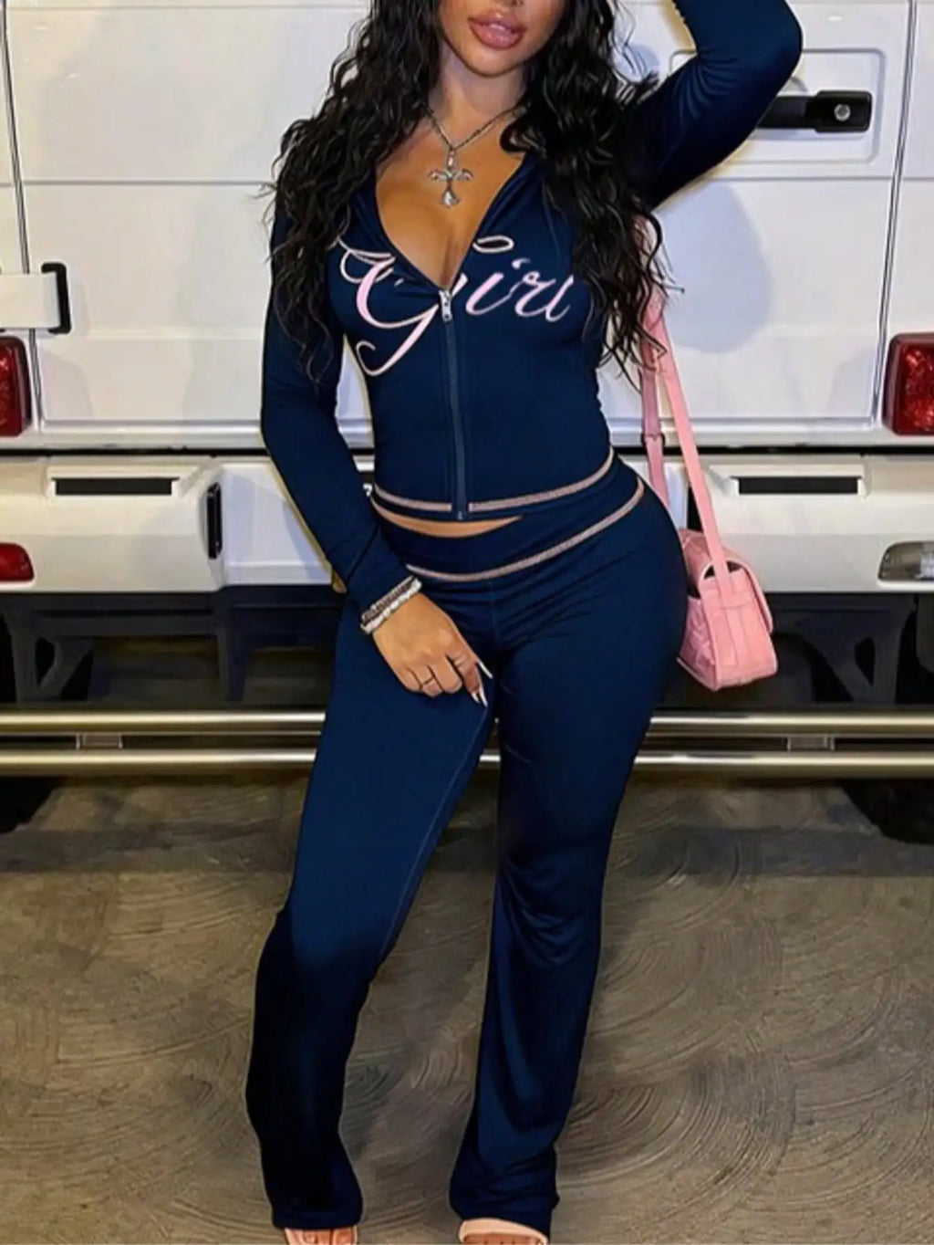 Women's Street Style Zip-Up Long Sleeve Matching Set with Print, High Waist Pants, Casual & Sexy Fit