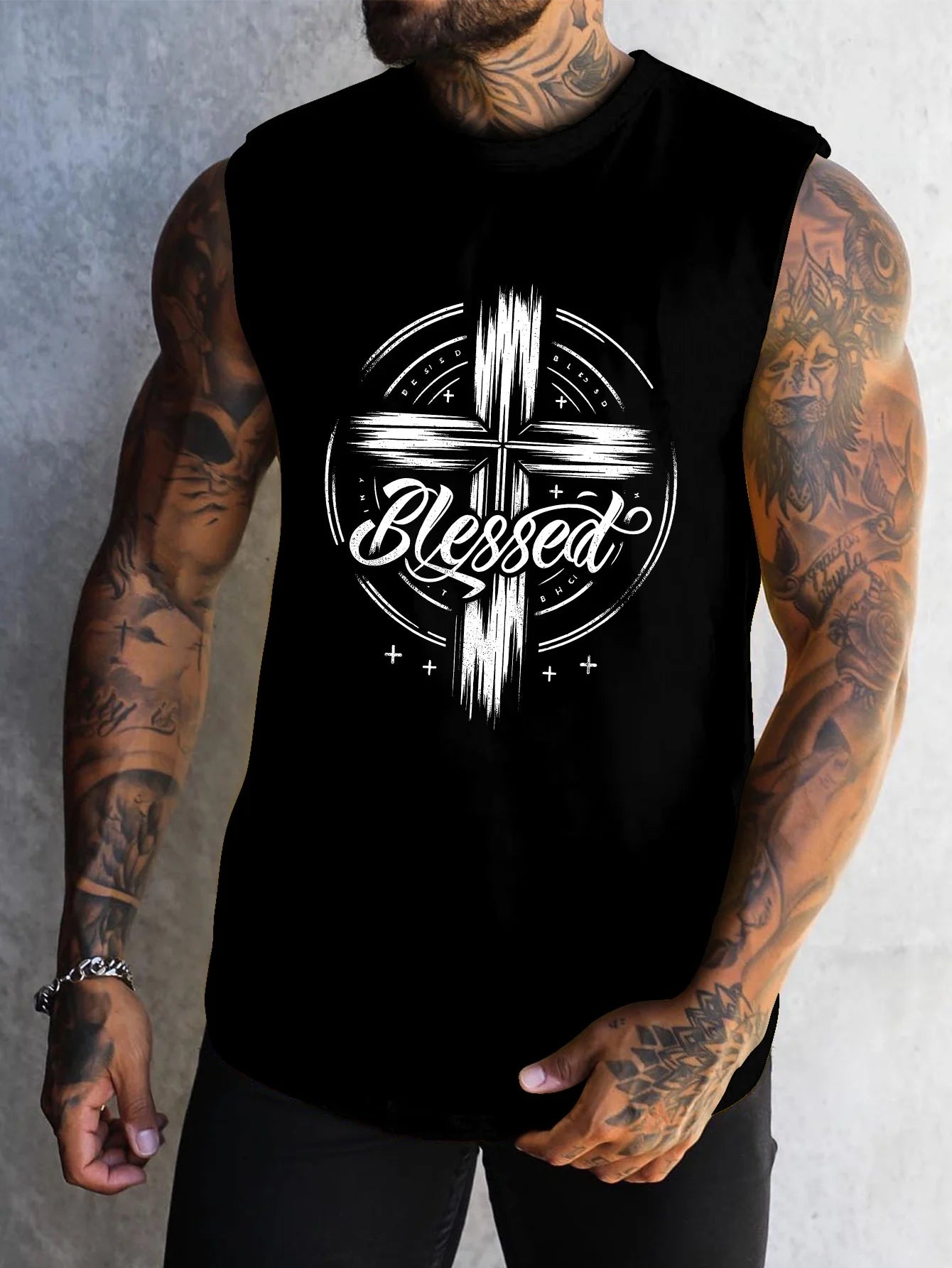 Large-sized men's cross-patterned printed vest, fitness and sports sleeveless T-shirt