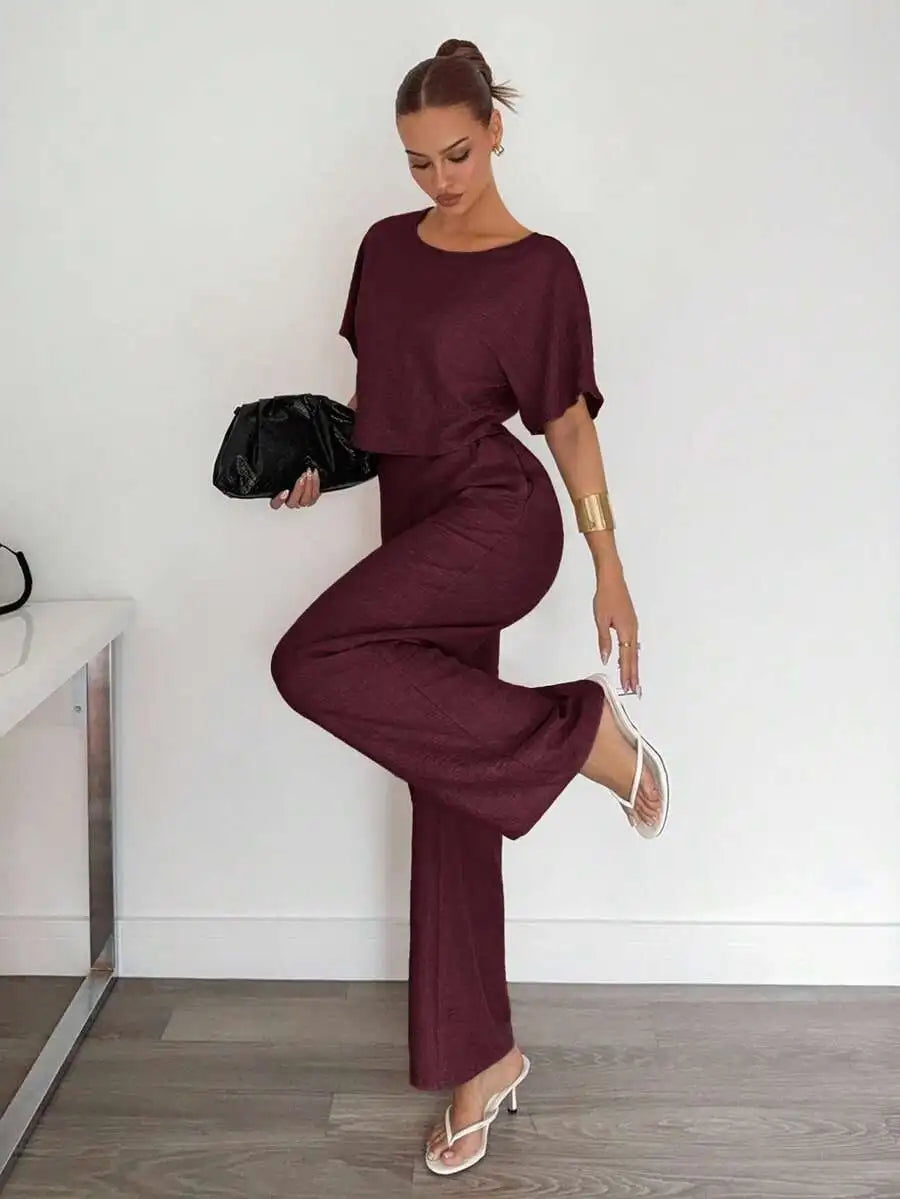 Beige 2-Piece Casual Set: Short Sleeve Top & Wide Leg Pants for Summer Work or Lounge
